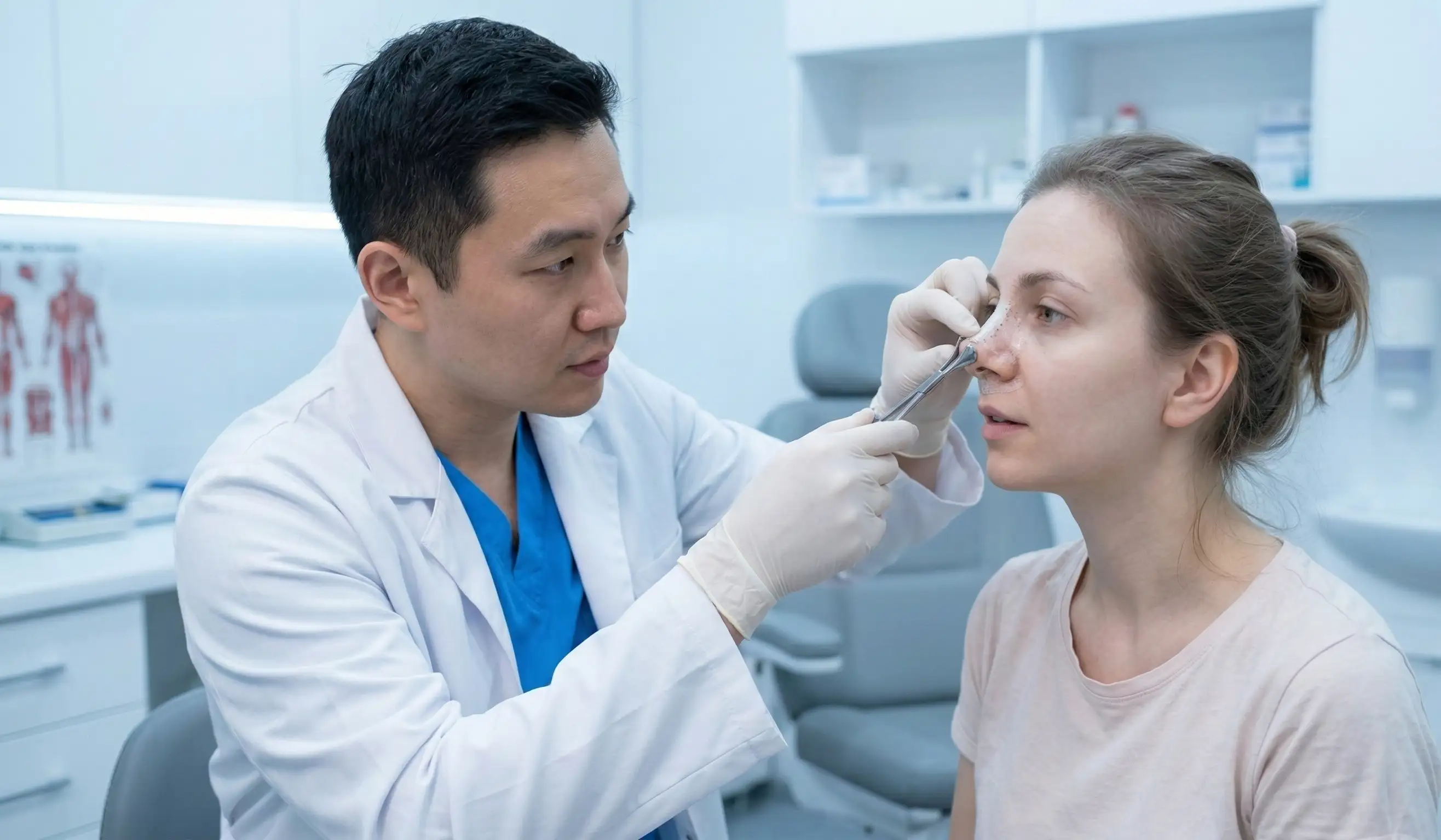doctor examining post rhinoplasty patient flying concerns