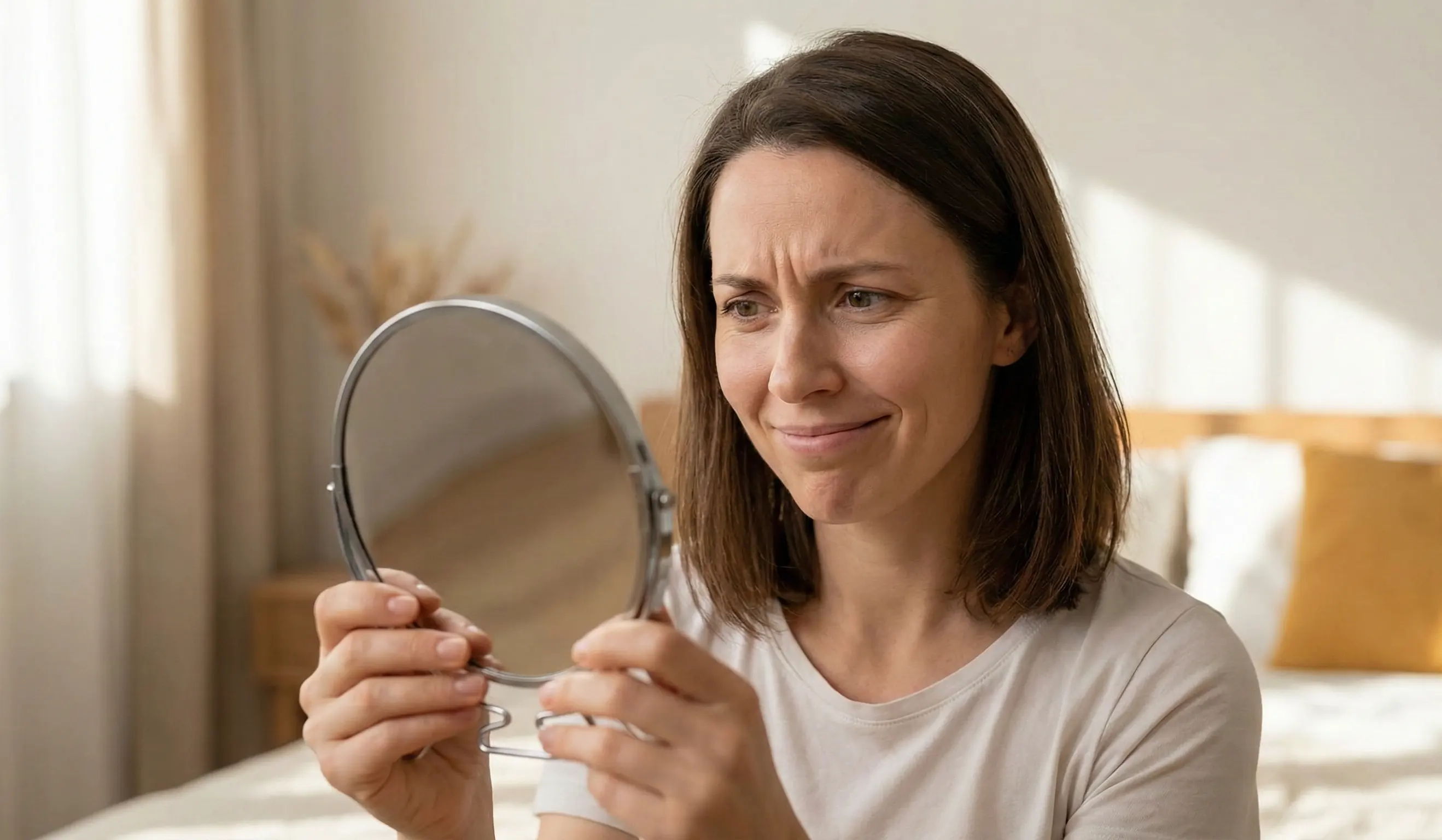 donna che tenta di aggrottare le sopracciglia (atrofia muscolare)