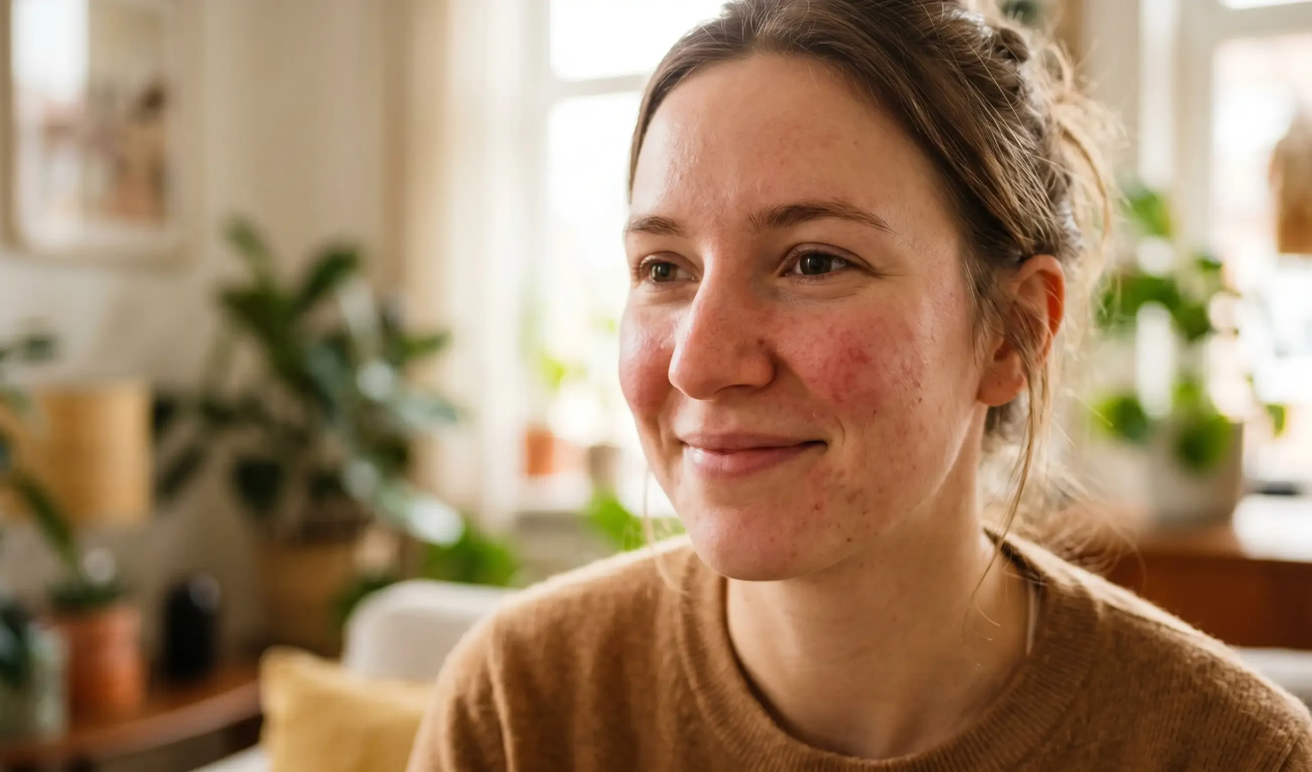 woman with rosacea showing her nose