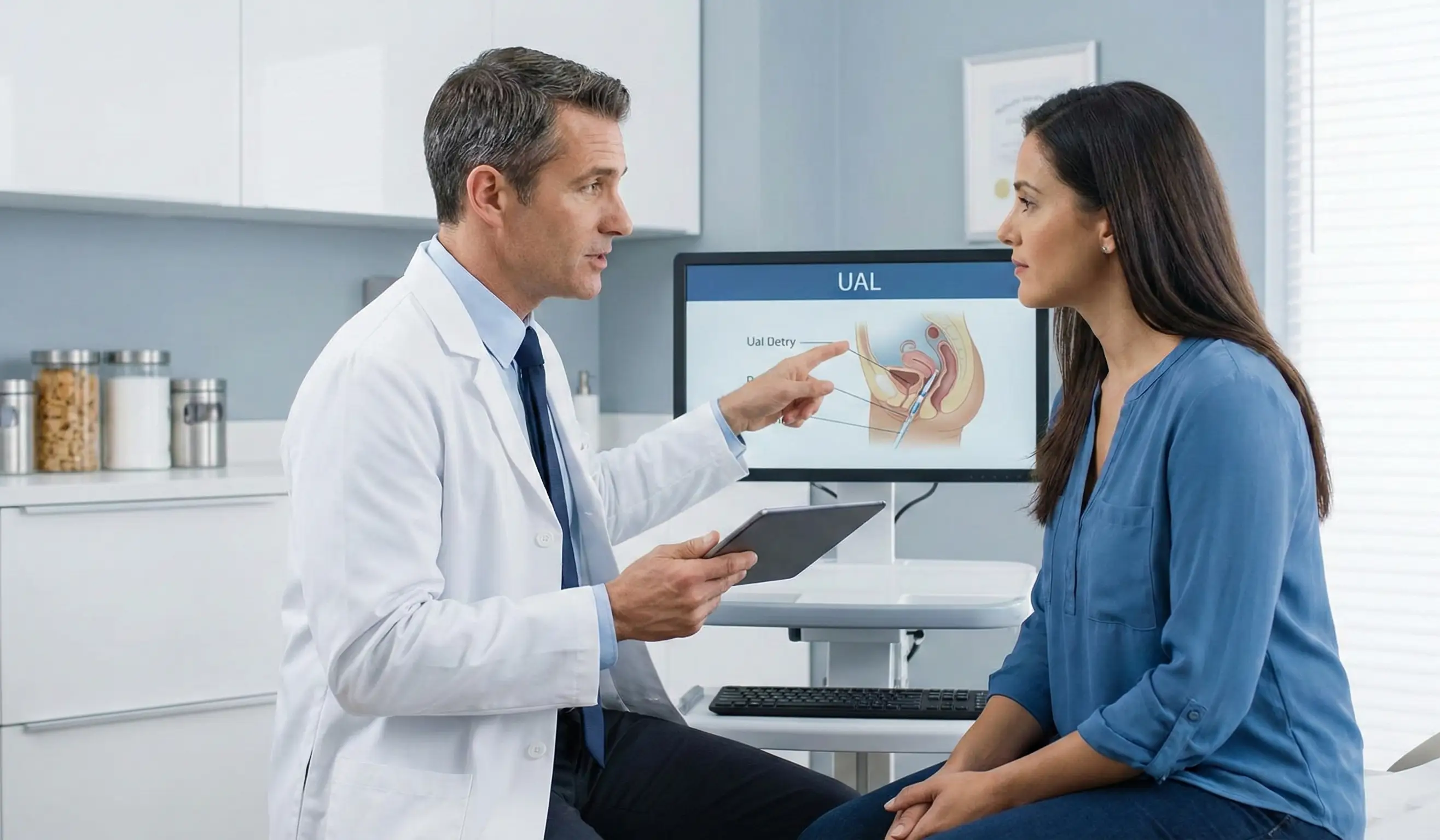 doctor explaining ual procedure to patient with tablet