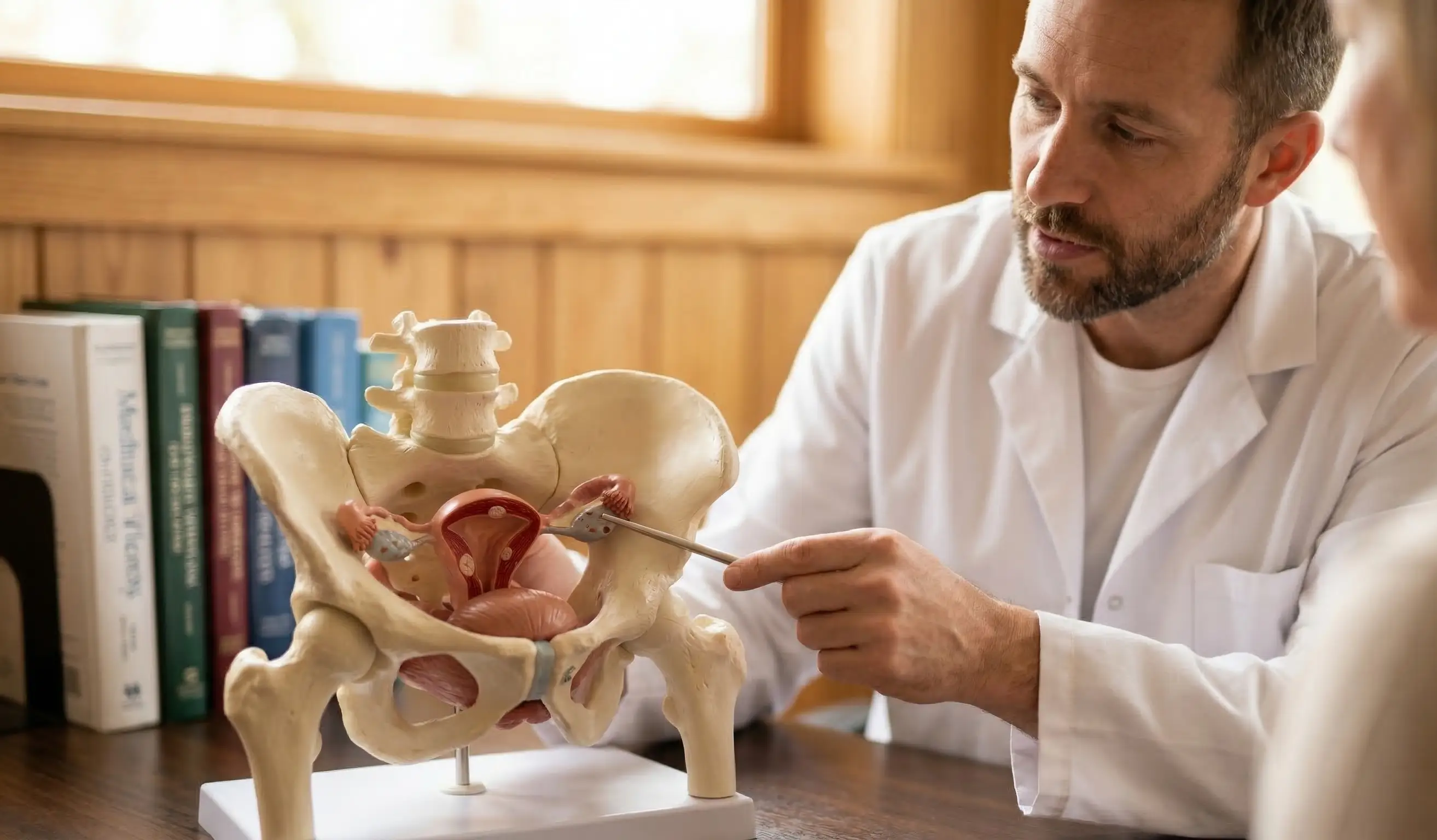 doctor pointing to anatomical model post hysterectomy