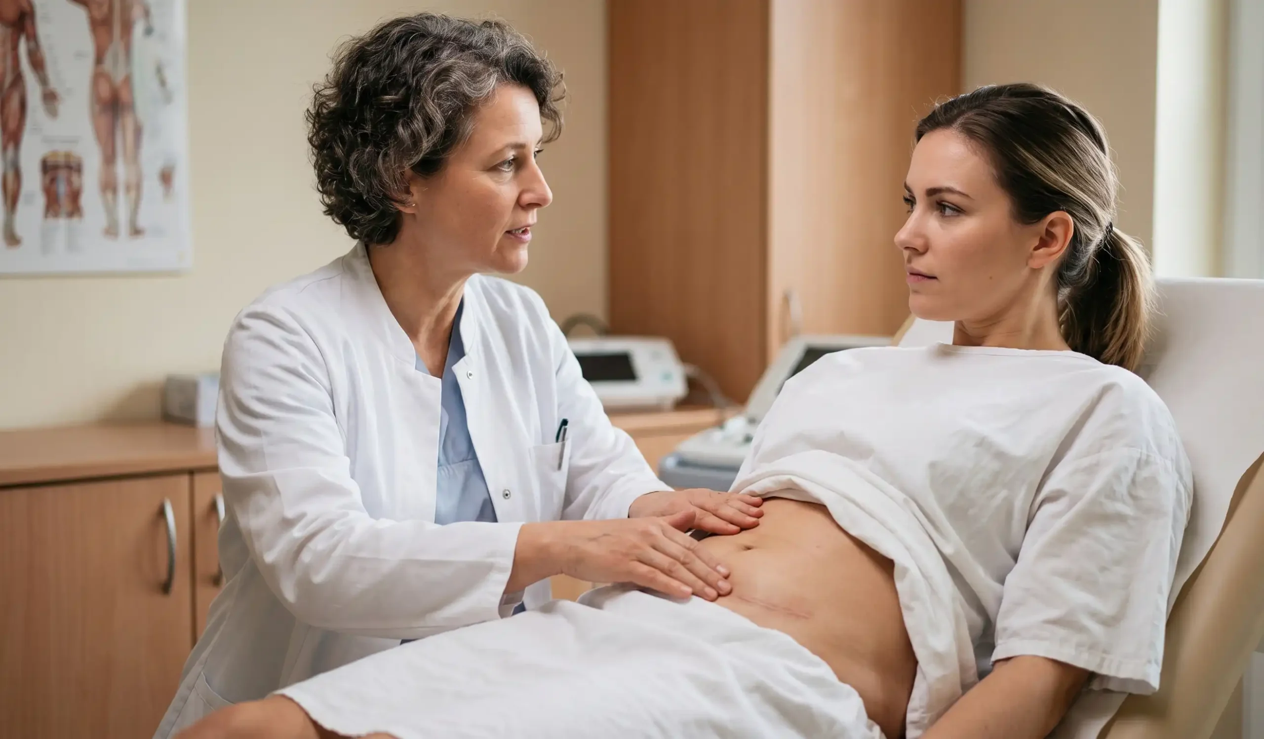 doctor examining post tummy tuck patient