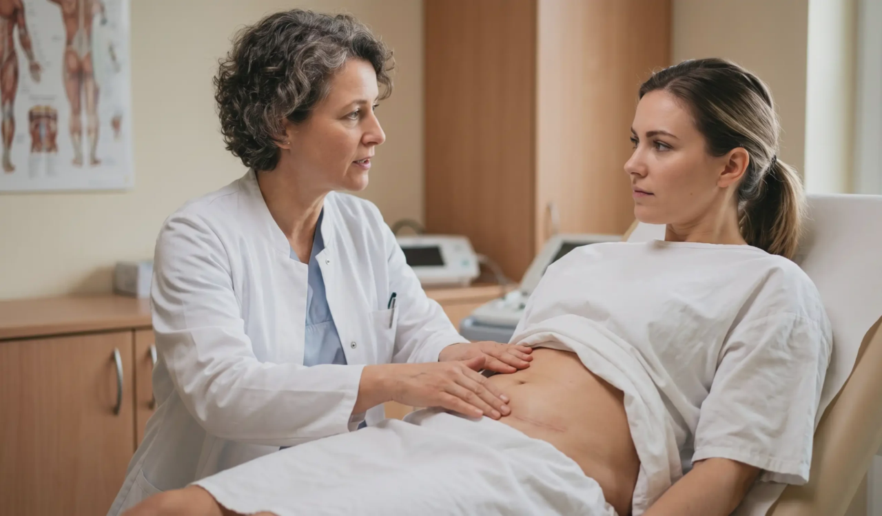doctor examining post tummy tuck patient