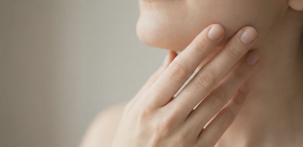 hand touching jawline natural light