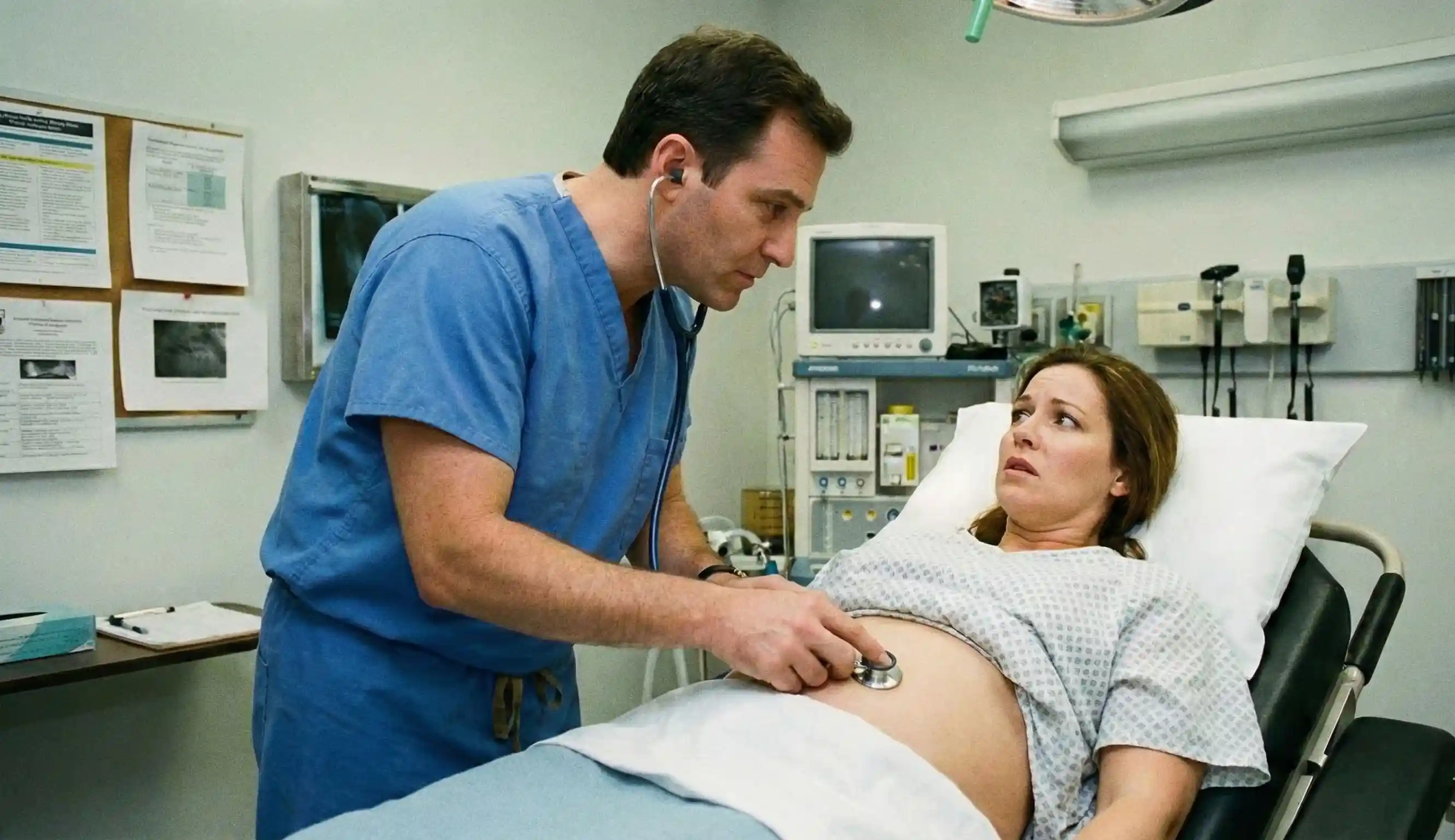 surgeon auscultating patient abdomen