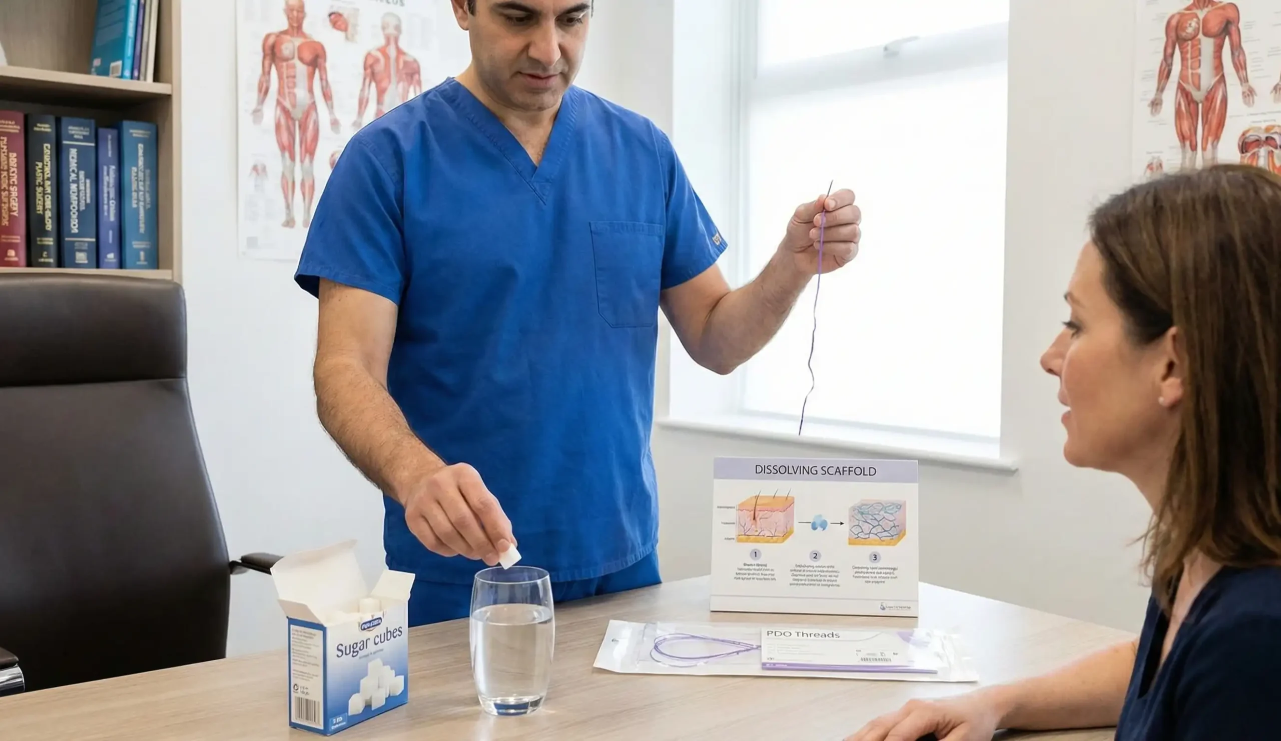 surgeon demonstrating dissolving scaffold sugar cube analogy
