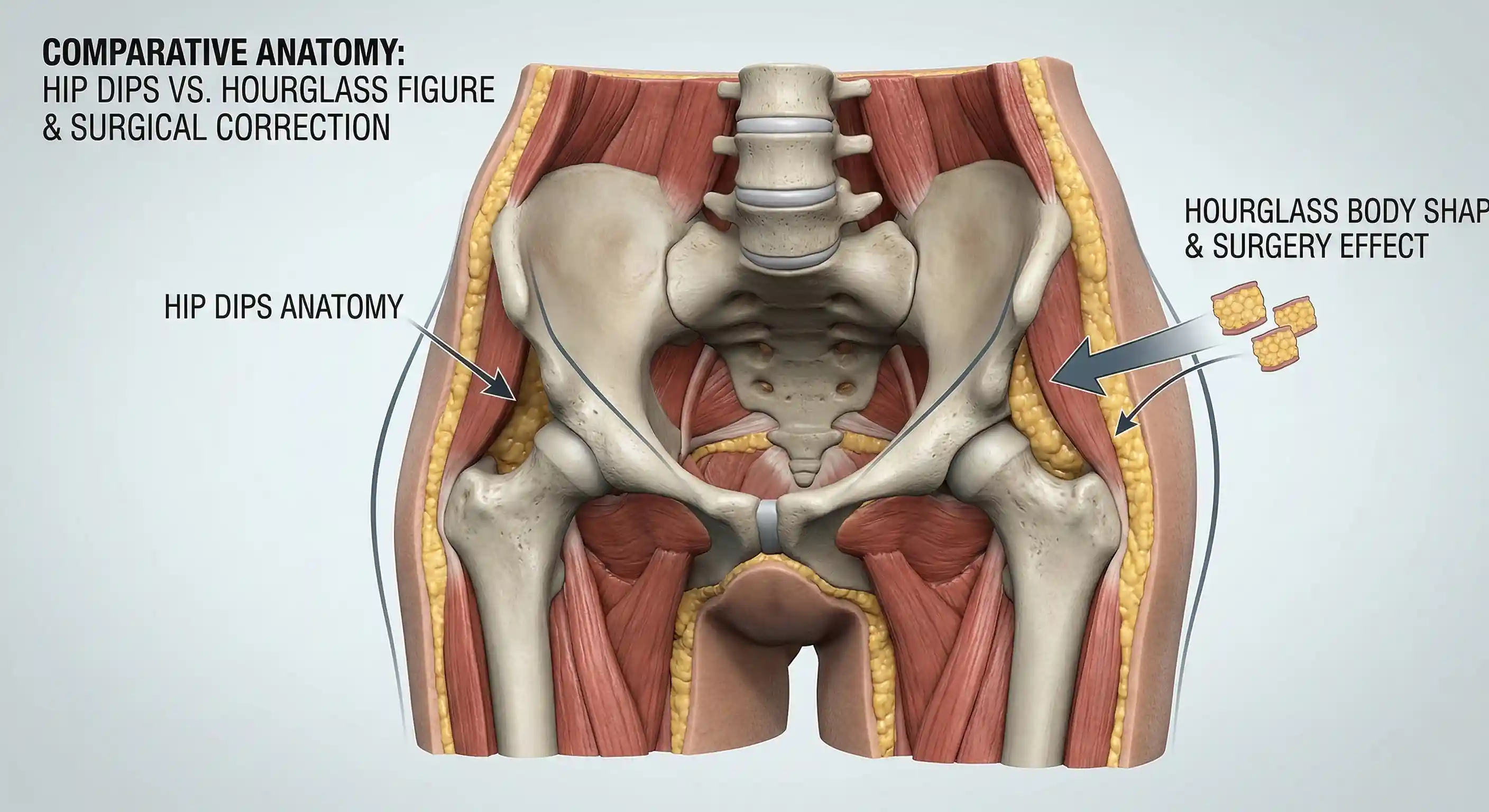 3d anatomical model comparing hip dips and hourglass surgery