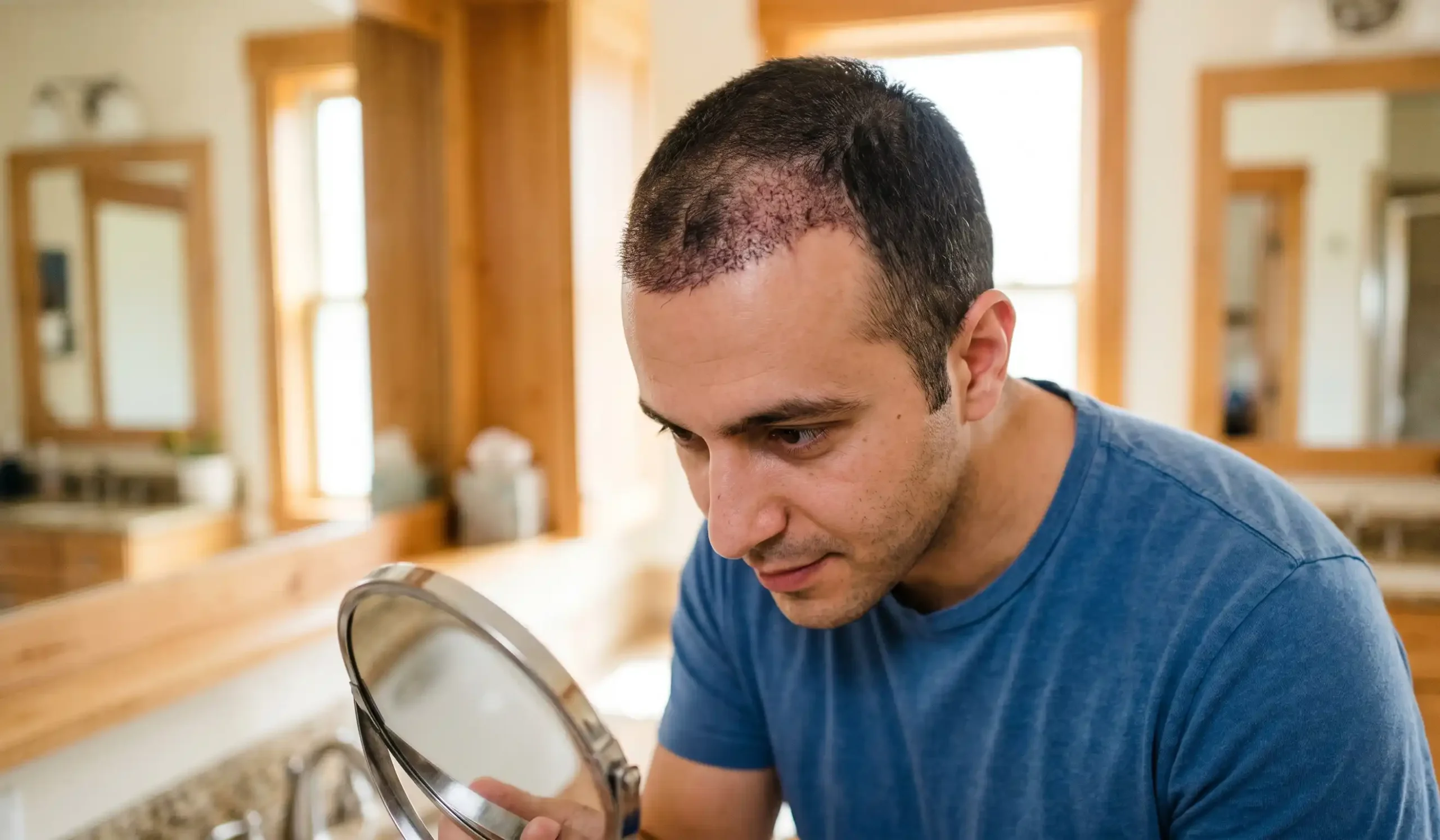 man inspecting his one month old hair transplant scalp
