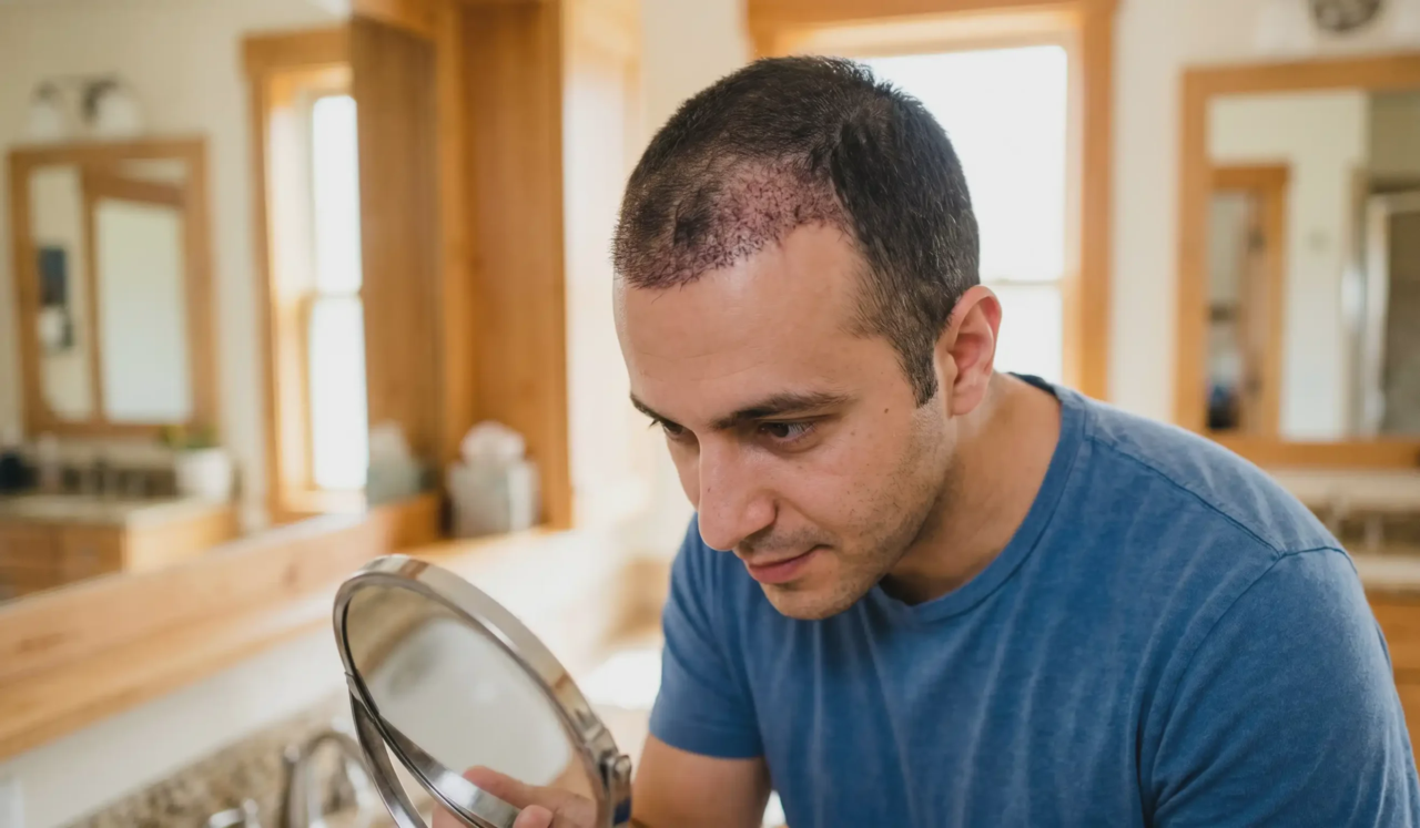 man inspecting his one month old hair transplant scalp