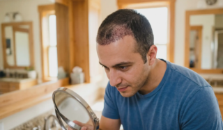 man inspecting his one month old hair transplant scalp