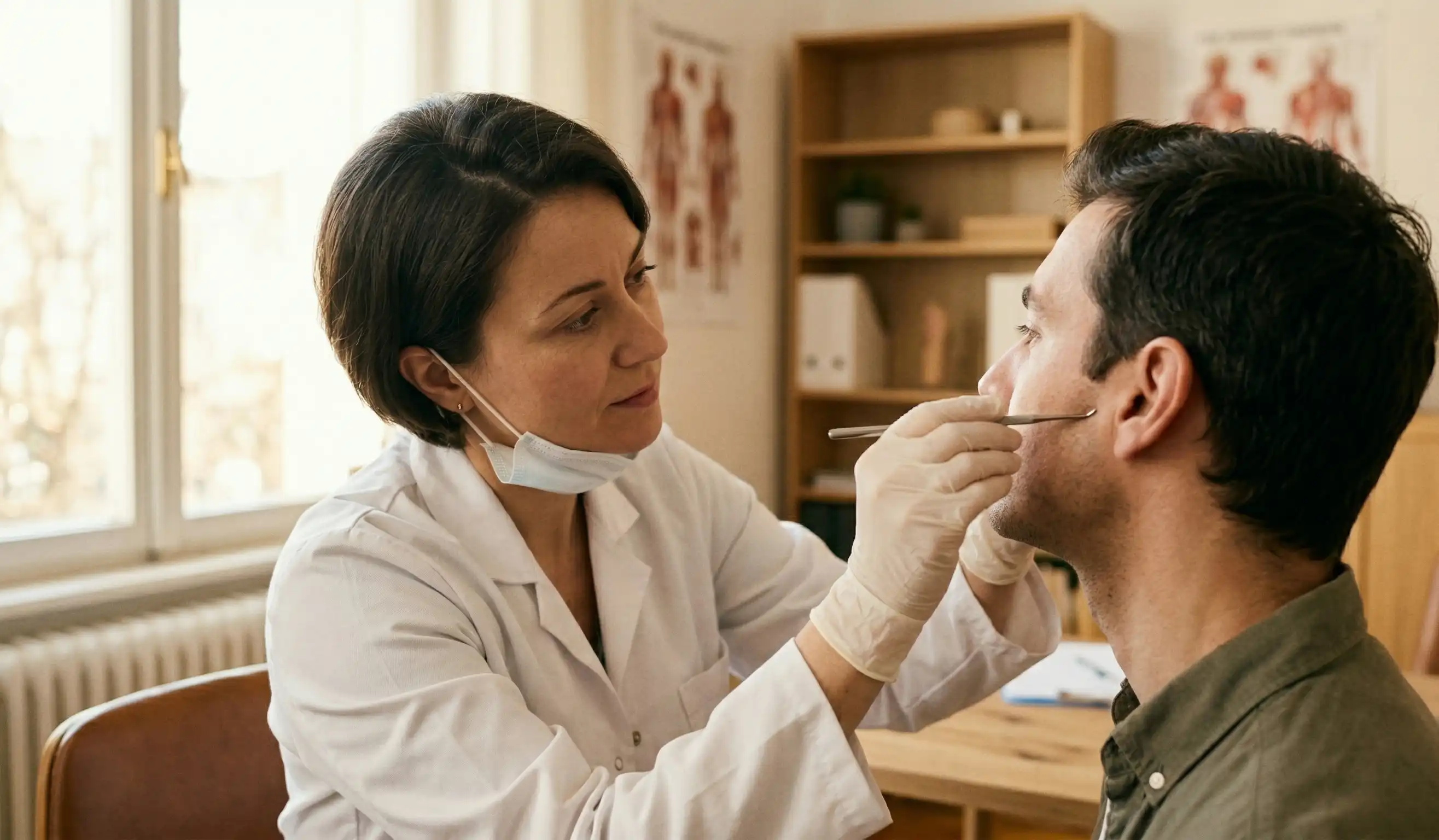doctor examining unshaven hair transplant patient