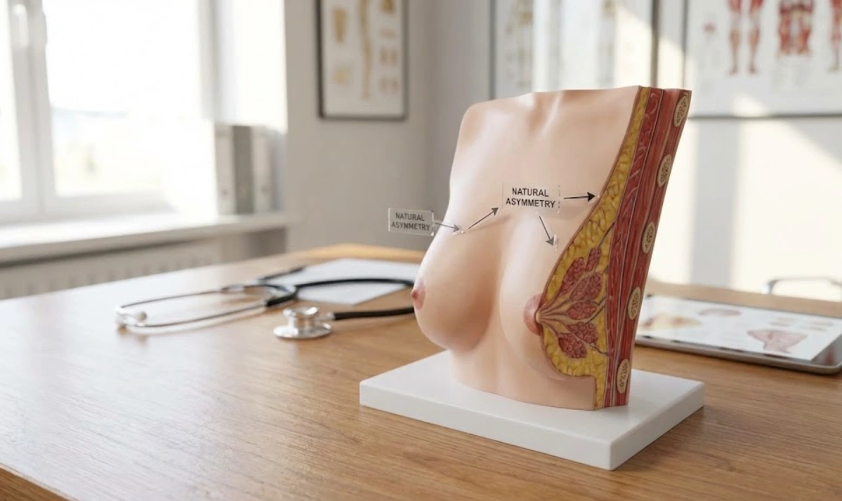 model anatomic de deplasare medială a implantului symmastia