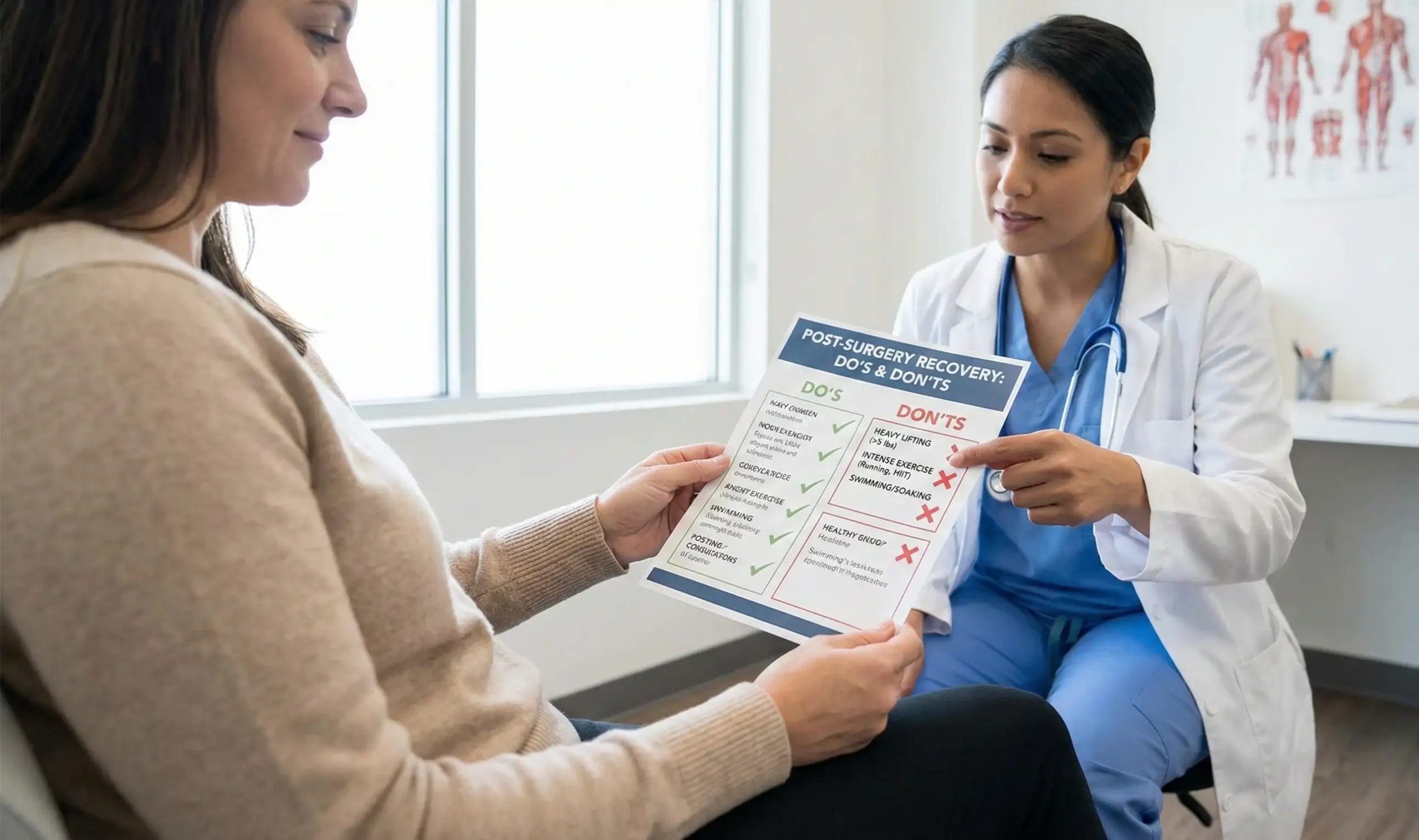 patient reviewing post op dos and donts list with surgeon