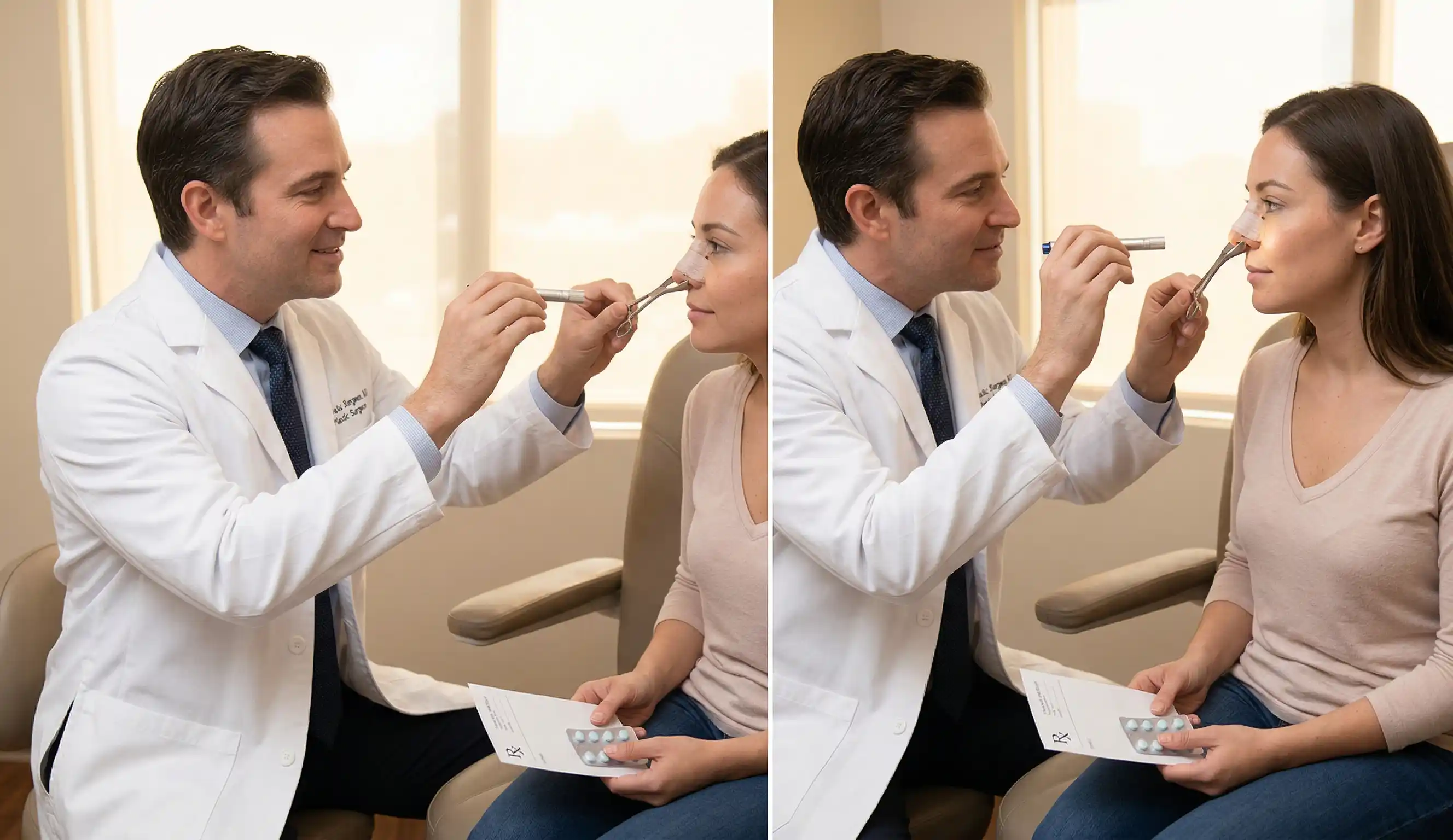 doctor examining post operative rhinoplasty patient nose in consultation room
