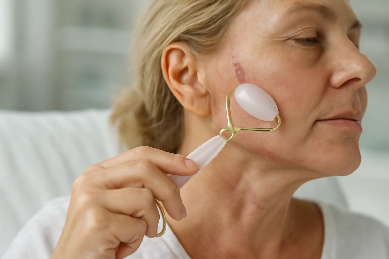 patient using facial roller to gently massage