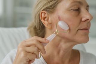 patient using facial roller to gently massage