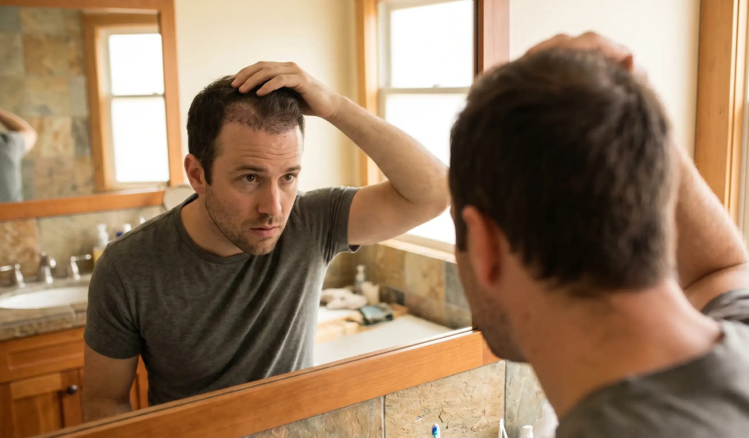 man examining hair transplant shock loss