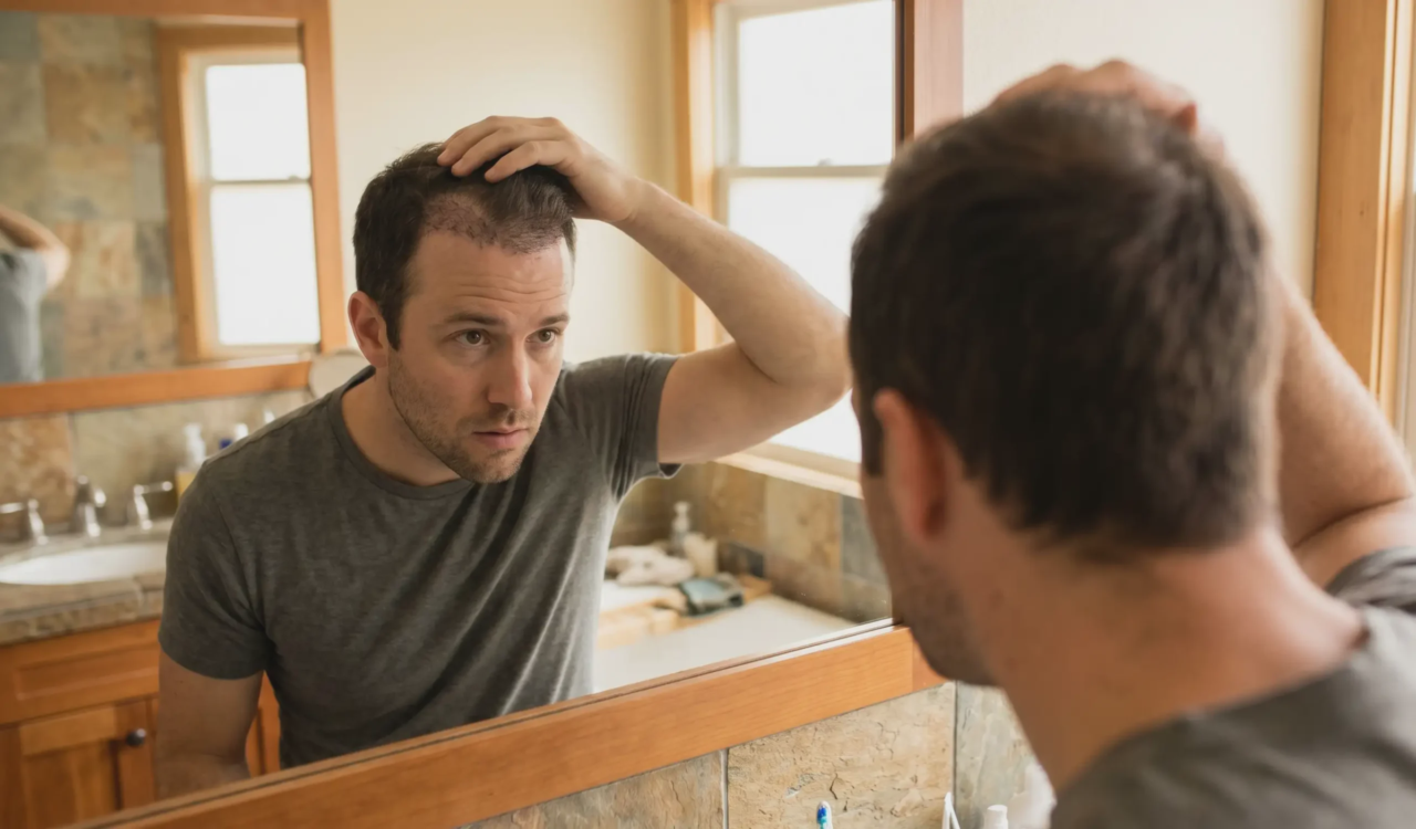 man examining hair transplant shock loss