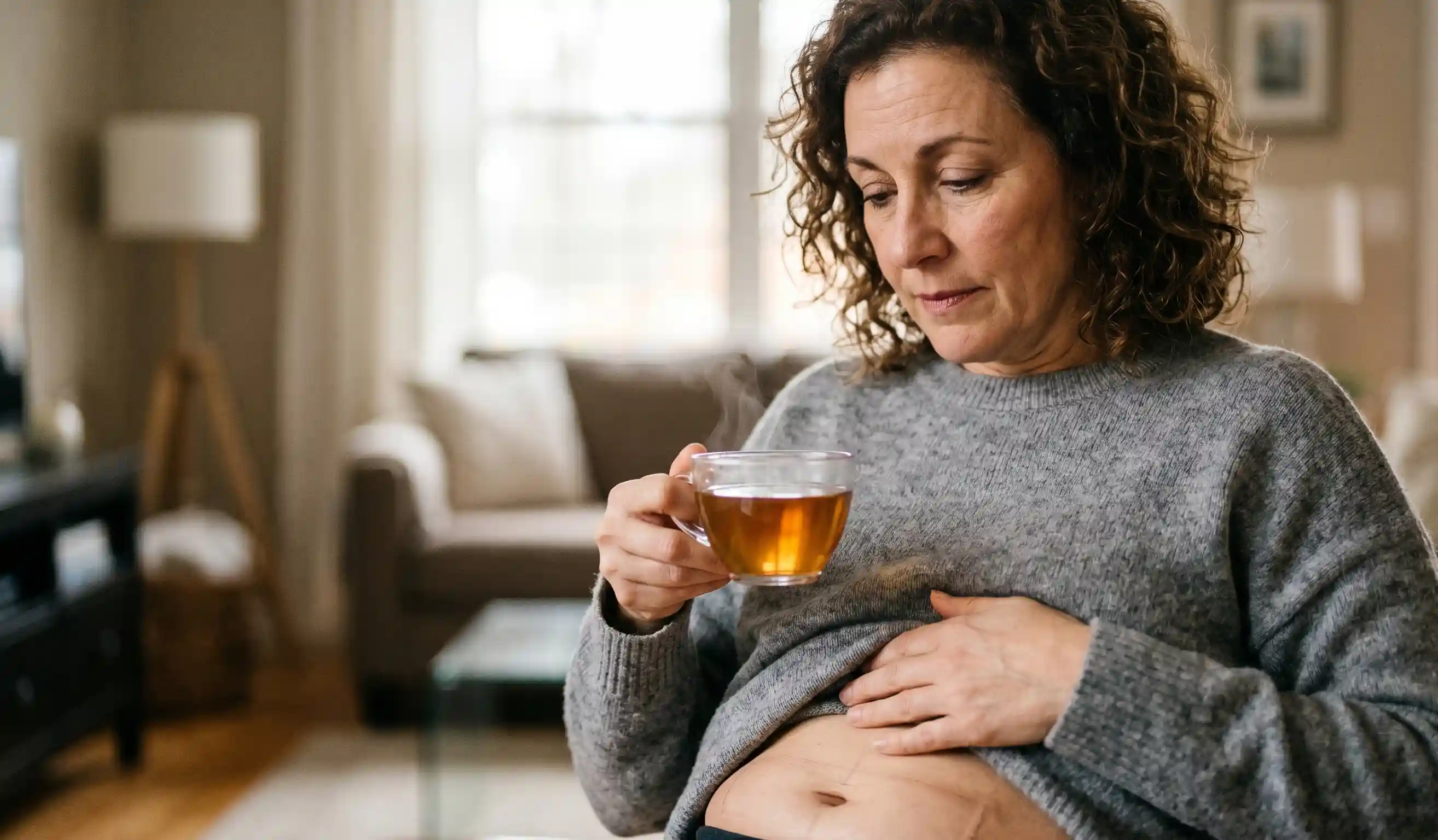 woman contemplating tea after stomach reduction