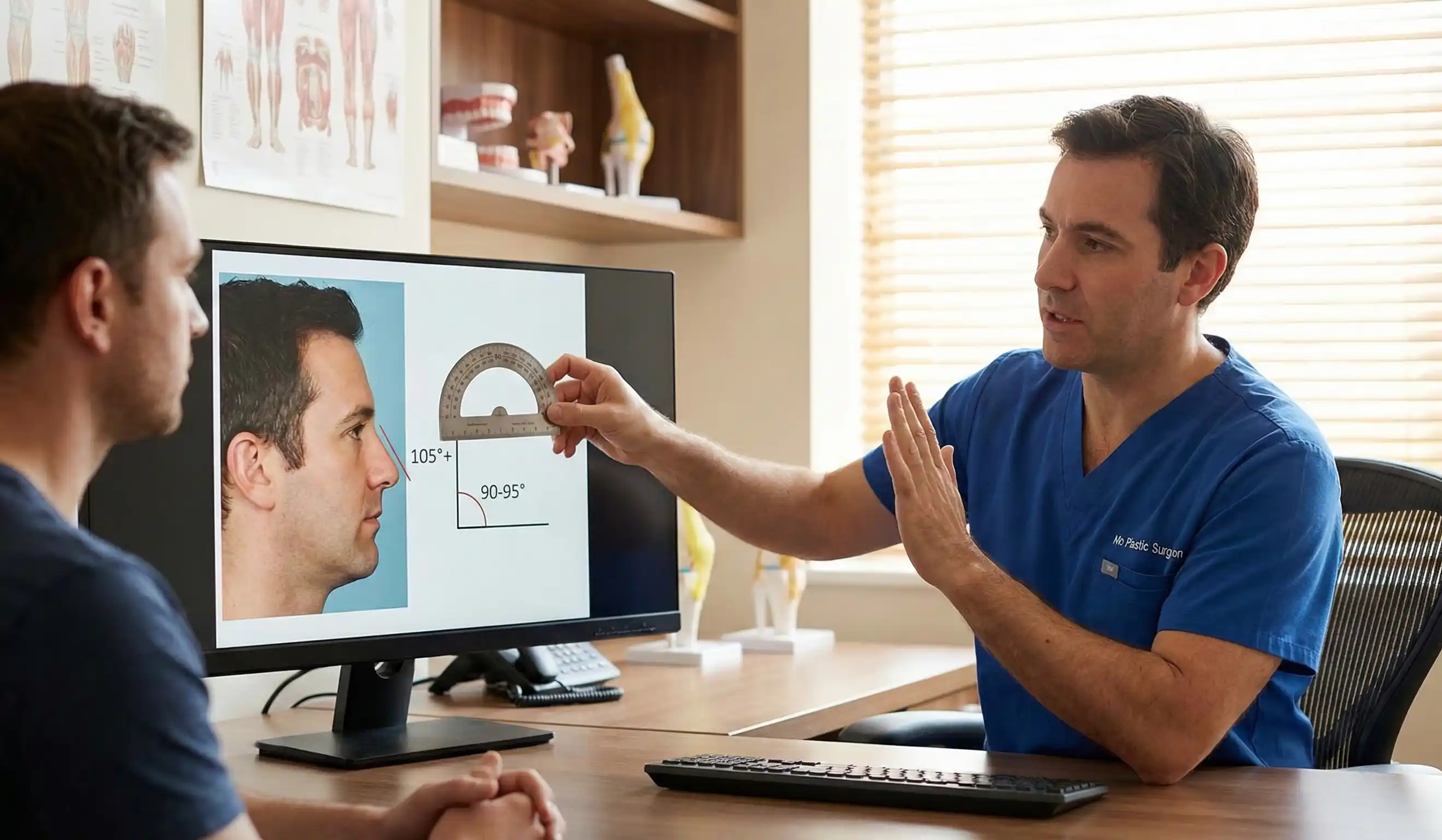 surgeon measuring nasolabial angle male rhinoplasty
