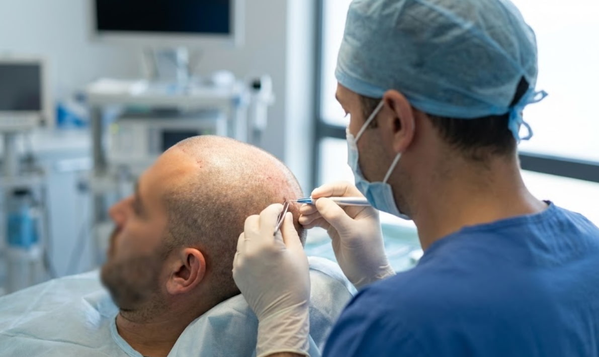 hair transplant side view surgeon using precision tools