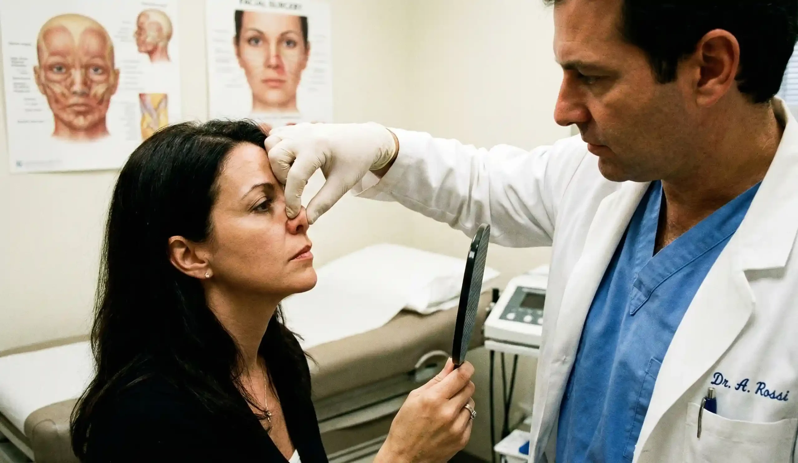 surgeon performing pinch test on thick nasal skin
