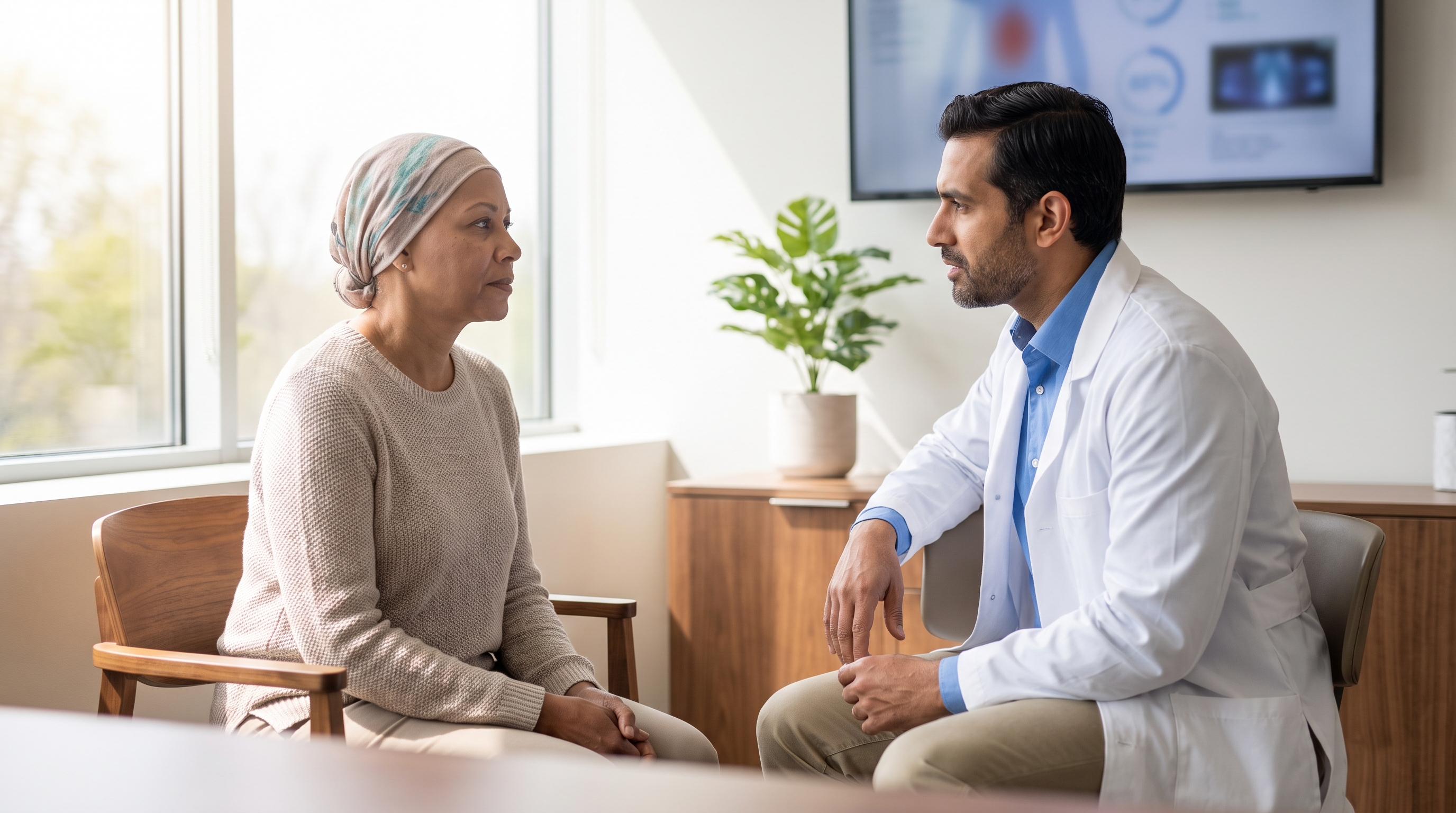 Thoughtful diverse patient considering symptoms of gastric bypass failure.