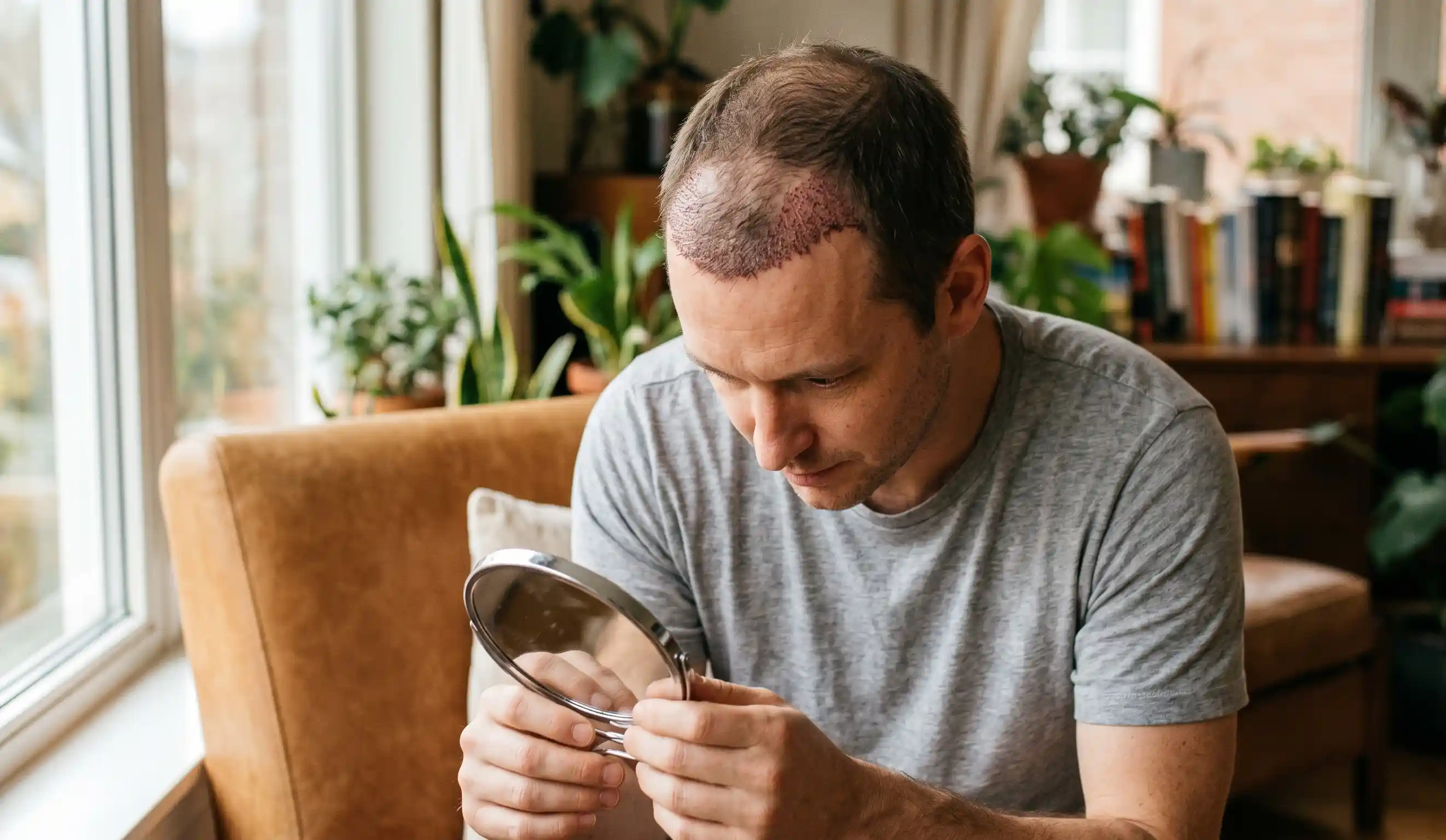 man carefully inspecting his healing hair grafts
