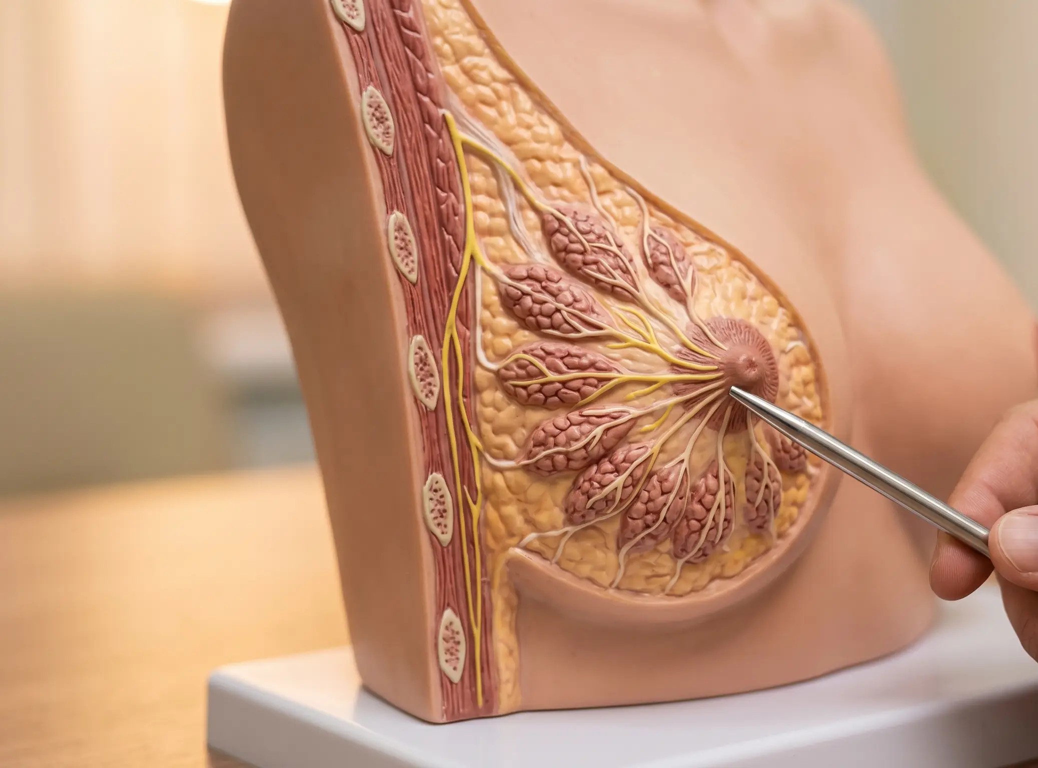 anatomical breast model pointing nerves