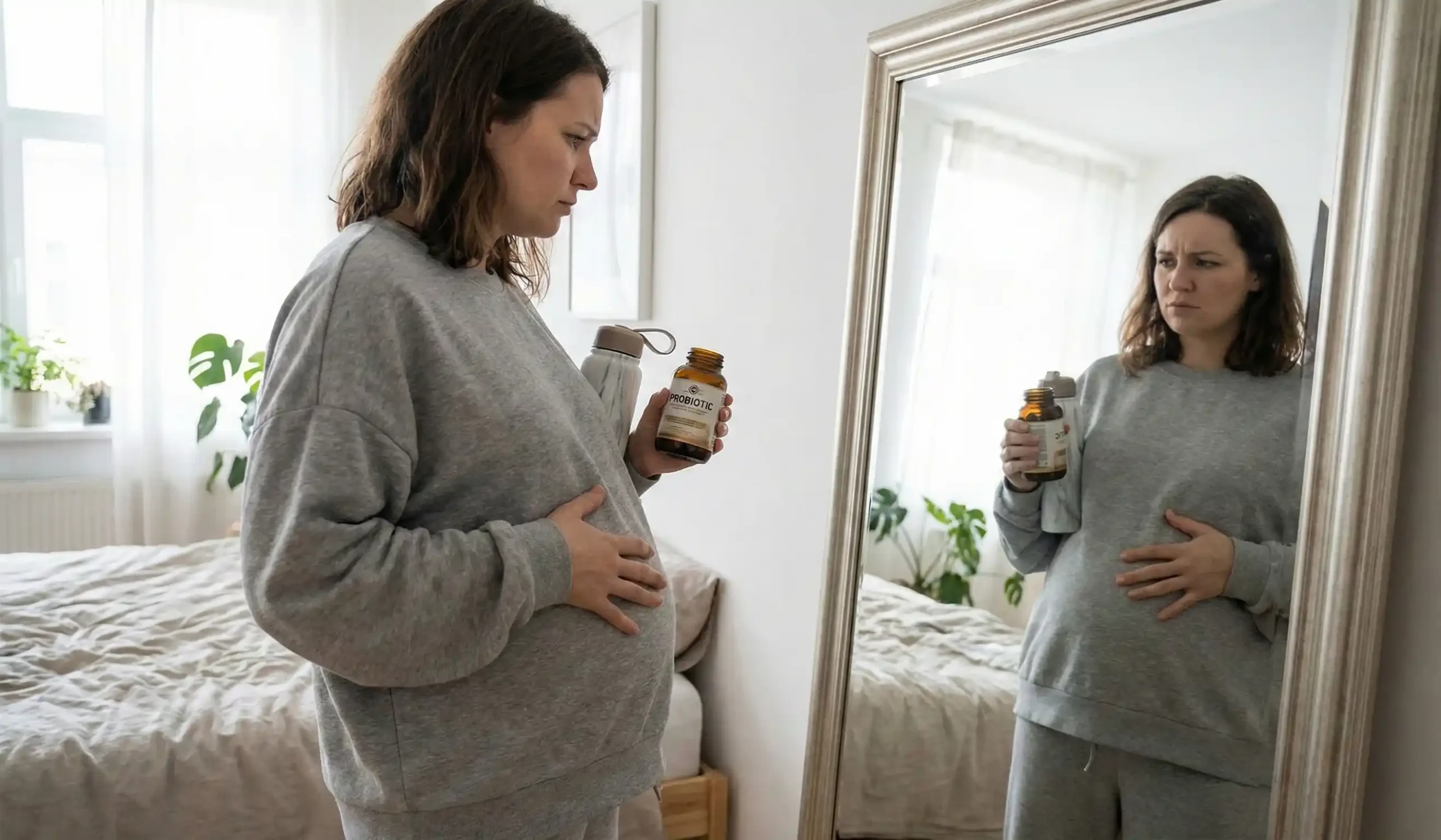 woman post op bloating mirror