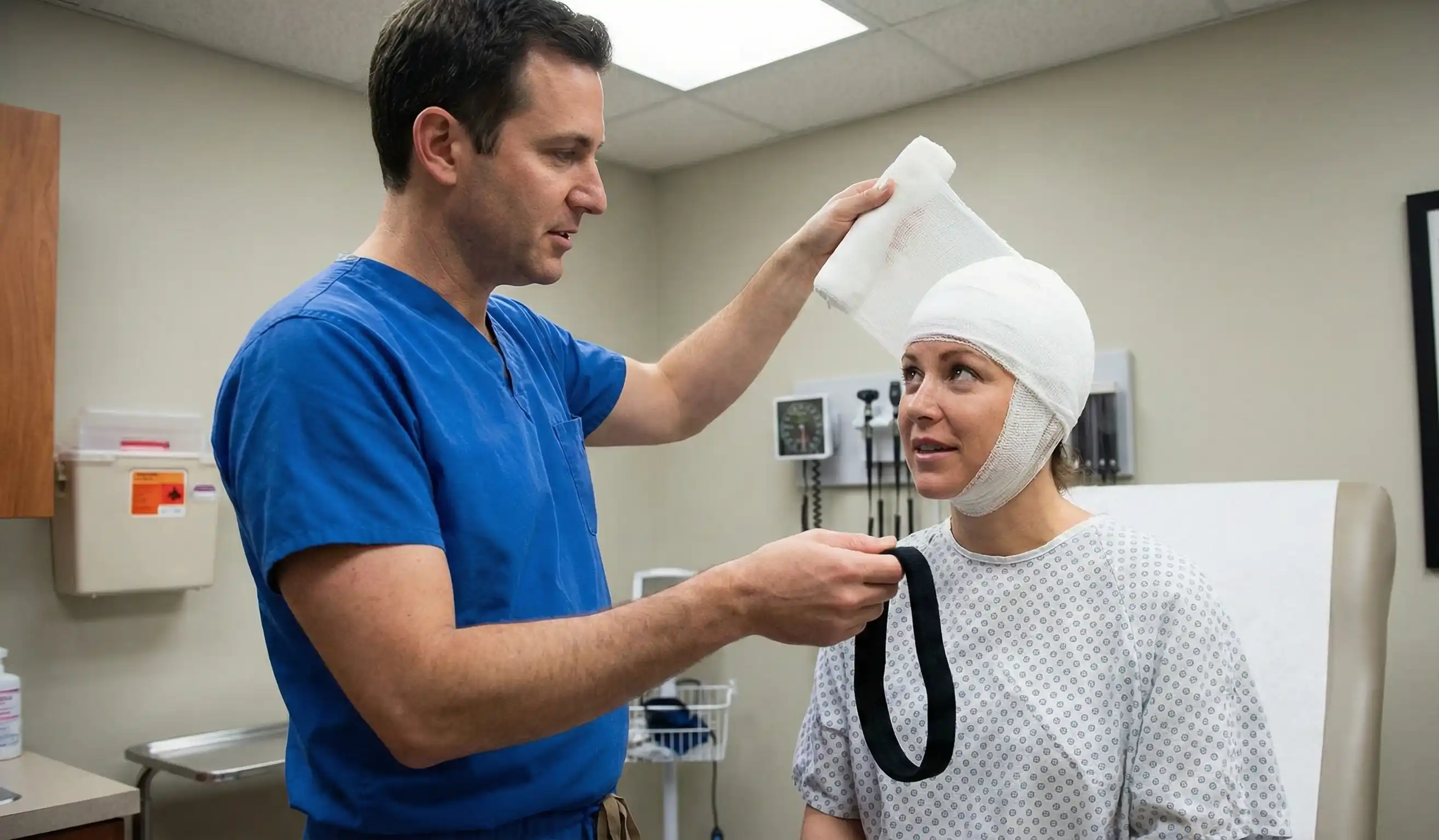 surgeon swapping bandage for headband
