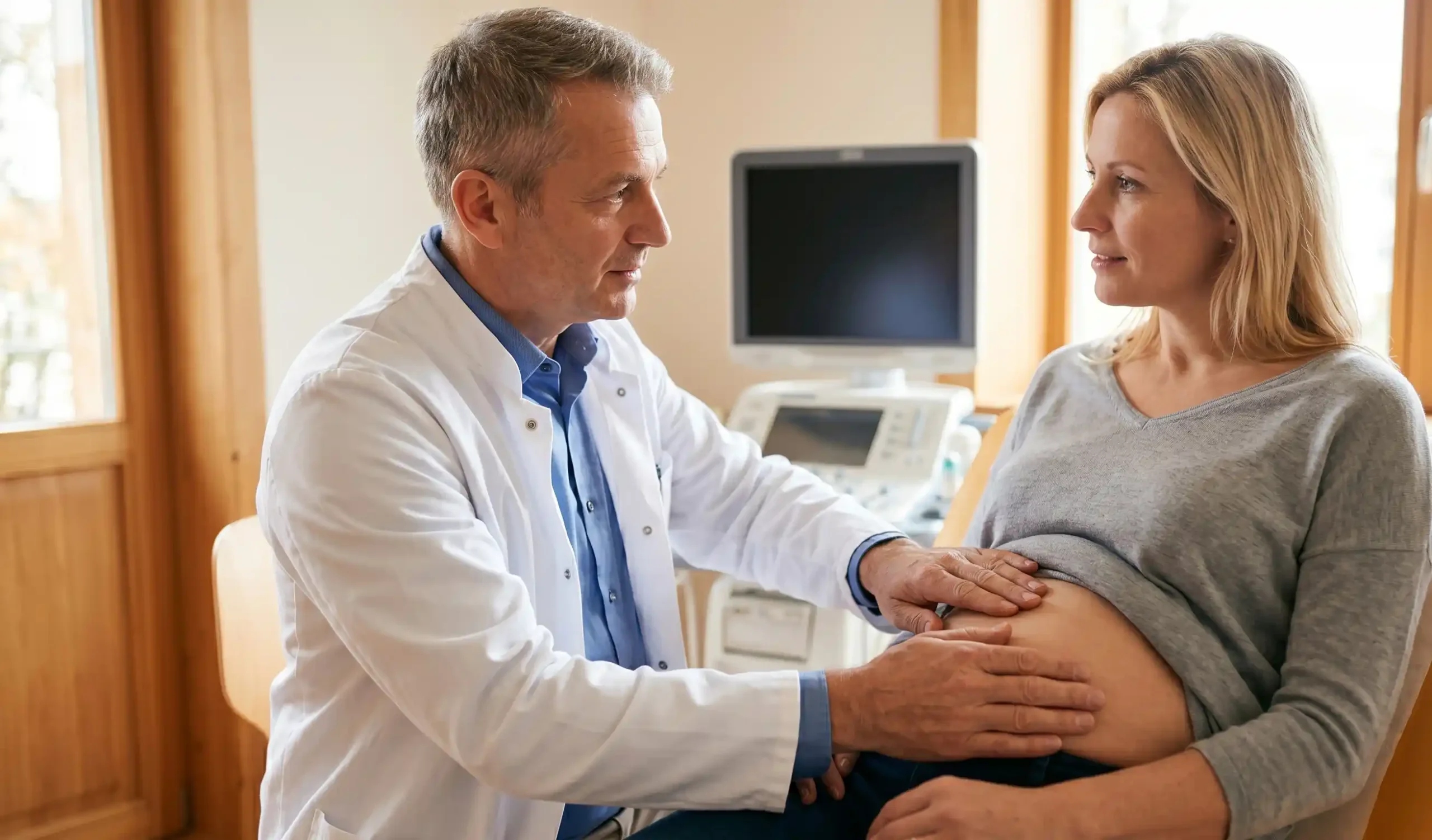 doctor examining post surgery patient upper abdomen