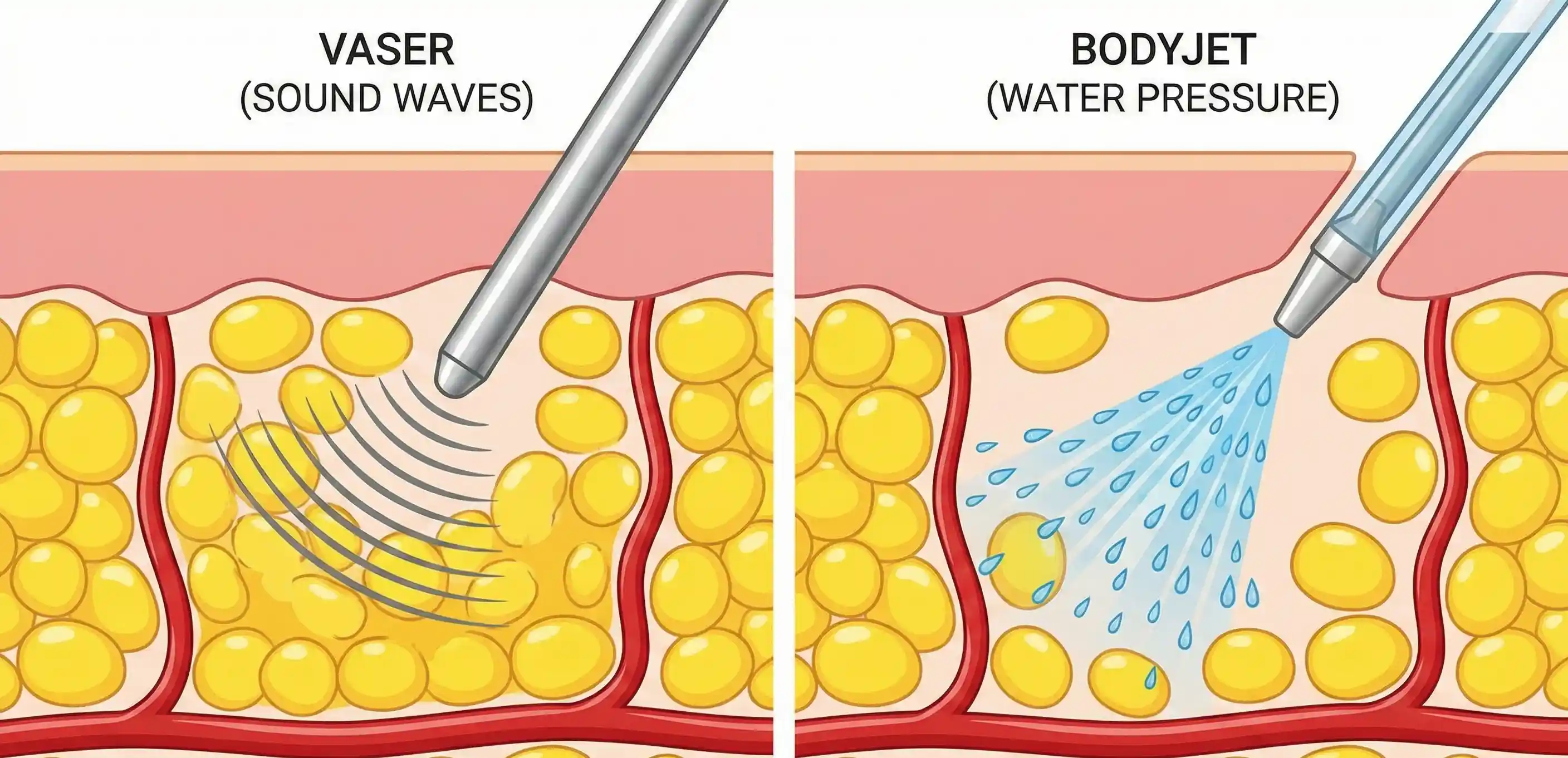 diagramma anatomico vaser onde sonore vs meccanismo di pressione dell'acqua Bodyjet