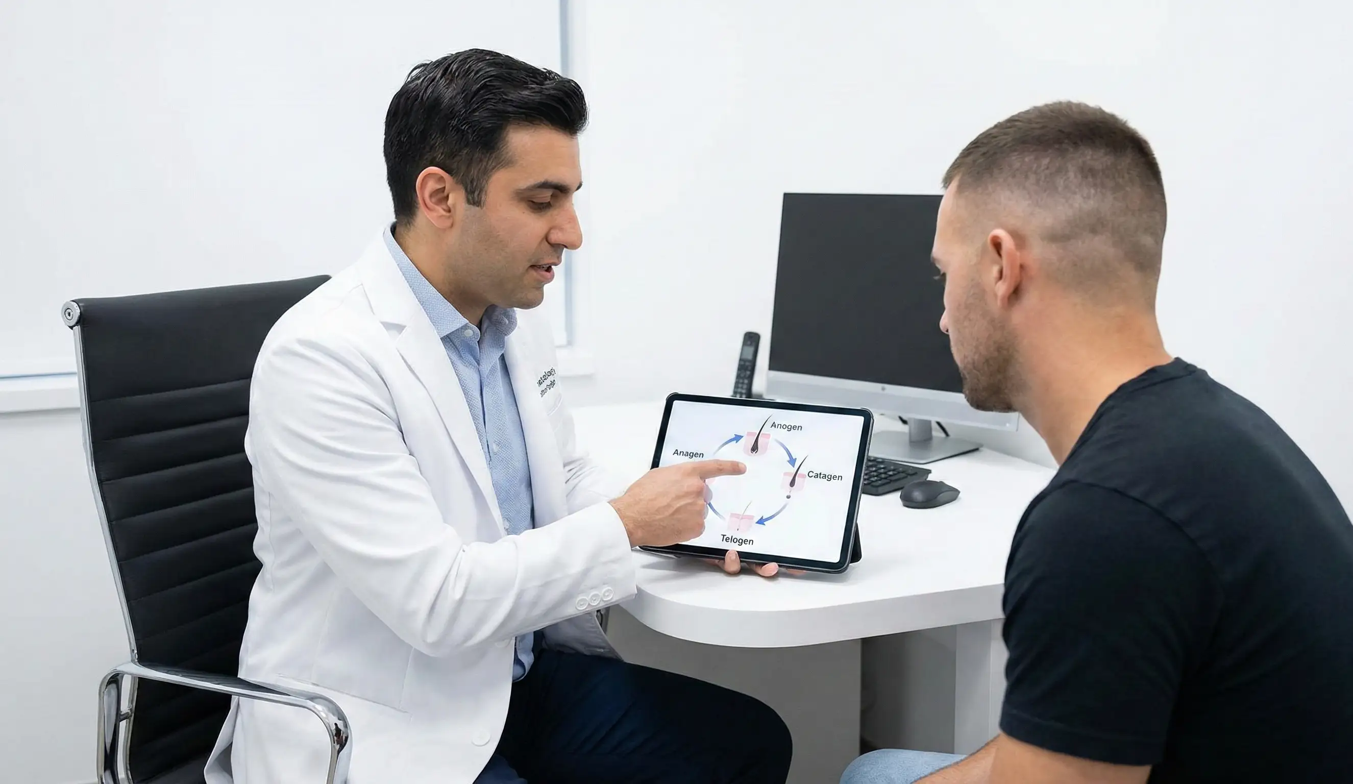 doctor explaining hair growth cycle to patient