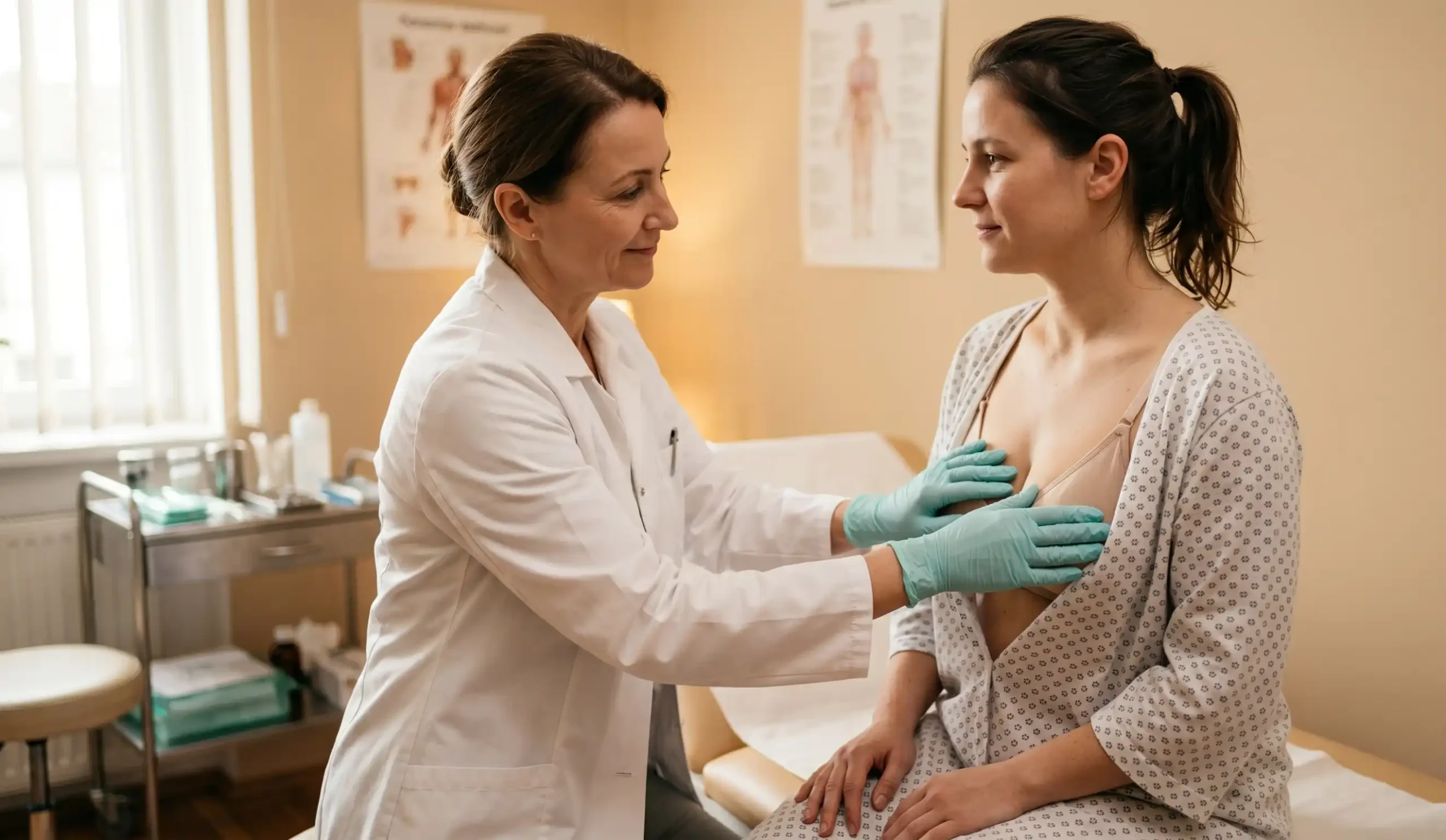 doctor performing breast exam on patient in clinic