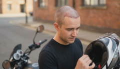 patient motorcycle helmet post hair transplant examination