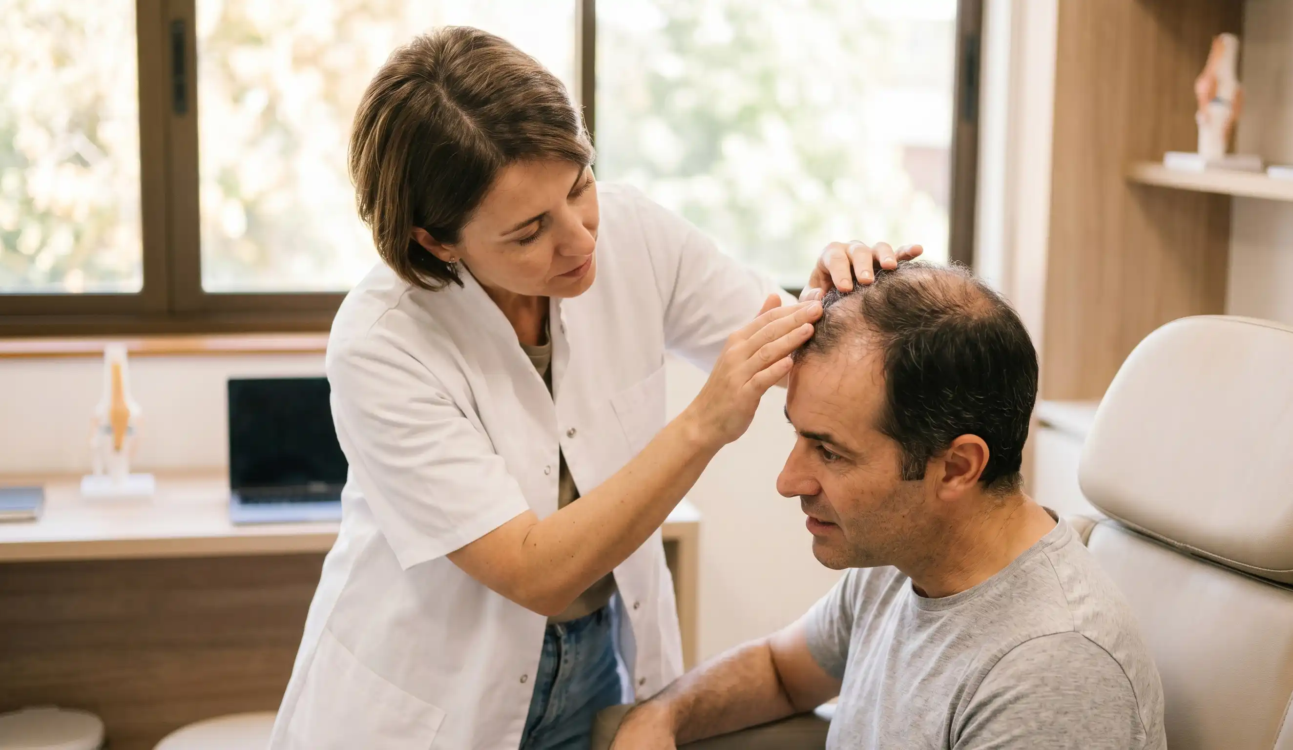 clinic doctor examining male scalp