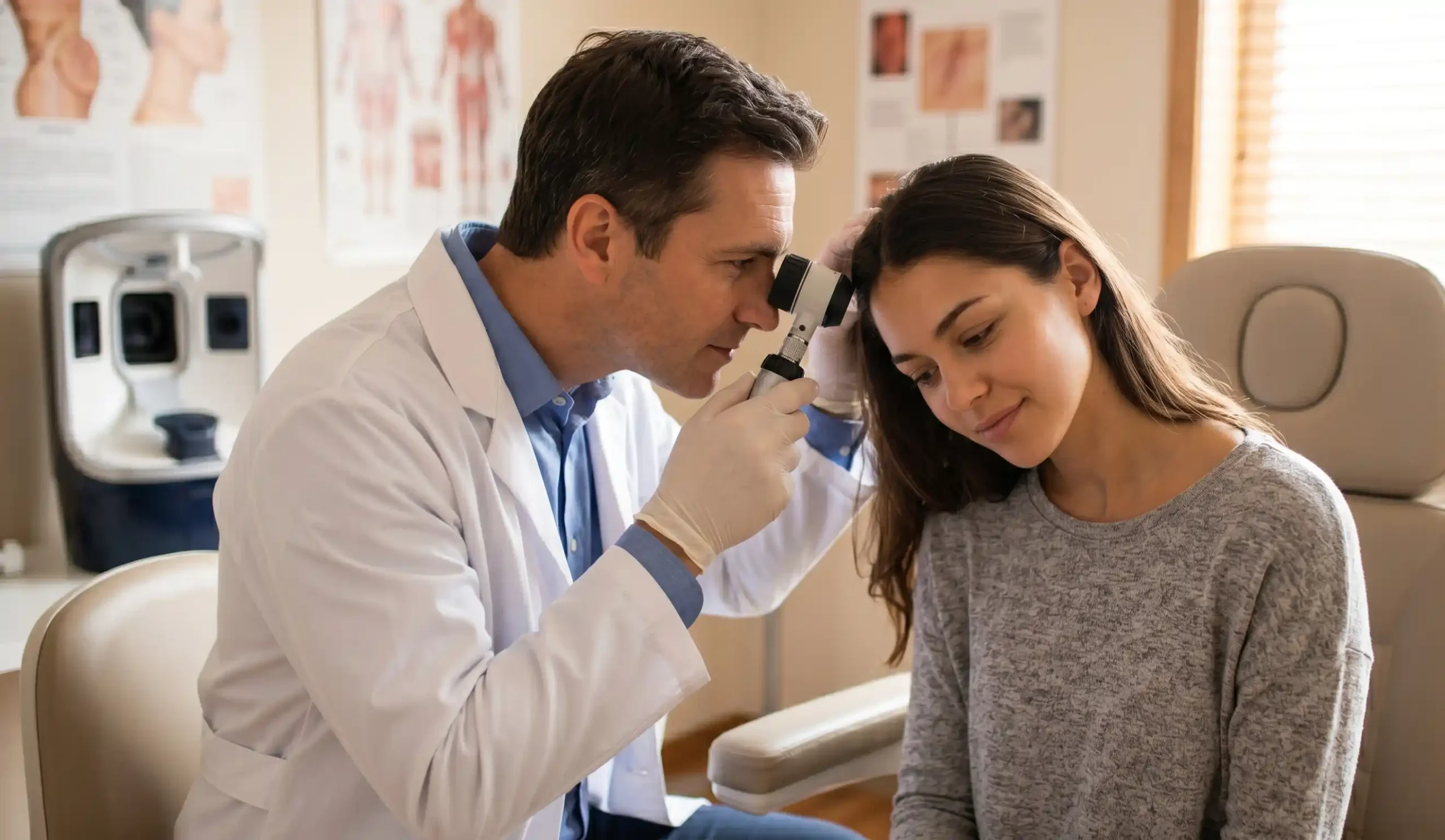 doctor examining patients scalp using a dermatoscope