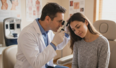 doctor examining patients scalp using a dermatoscope