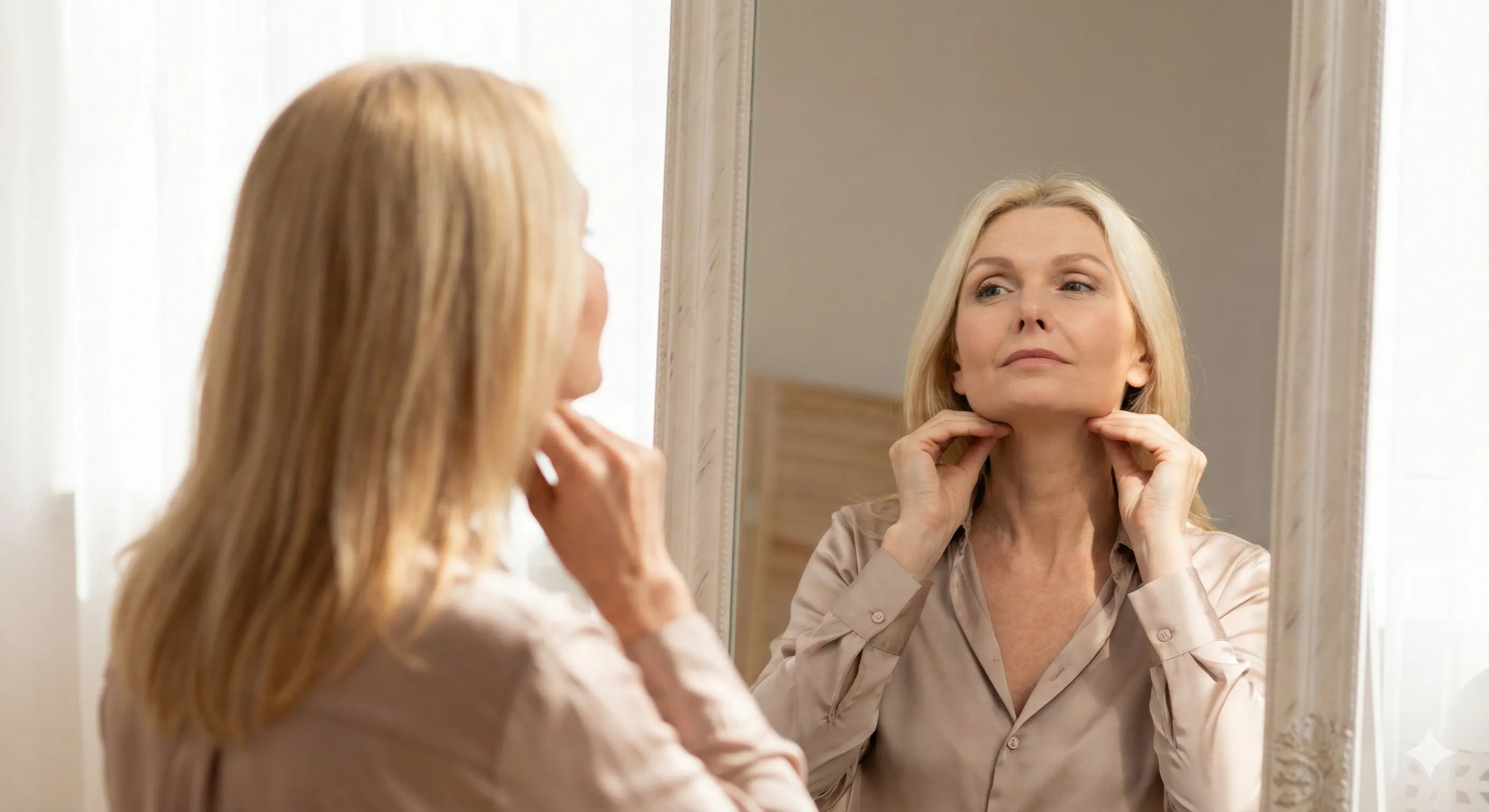 woman simulating neck lift mirror