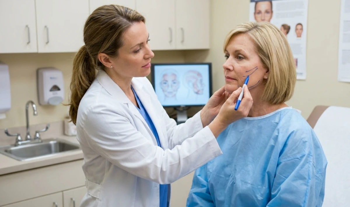 doctor examining and marking face for facelift and cheek lift