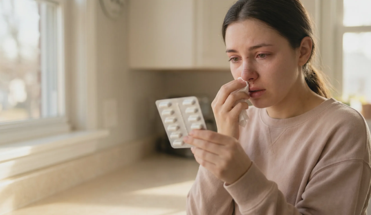 woman after rhinoplasty with allergy symptoms holding antihistamine pill box