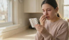 woman after rhinoplasty with allergy symptoms holding antihistamine pill box