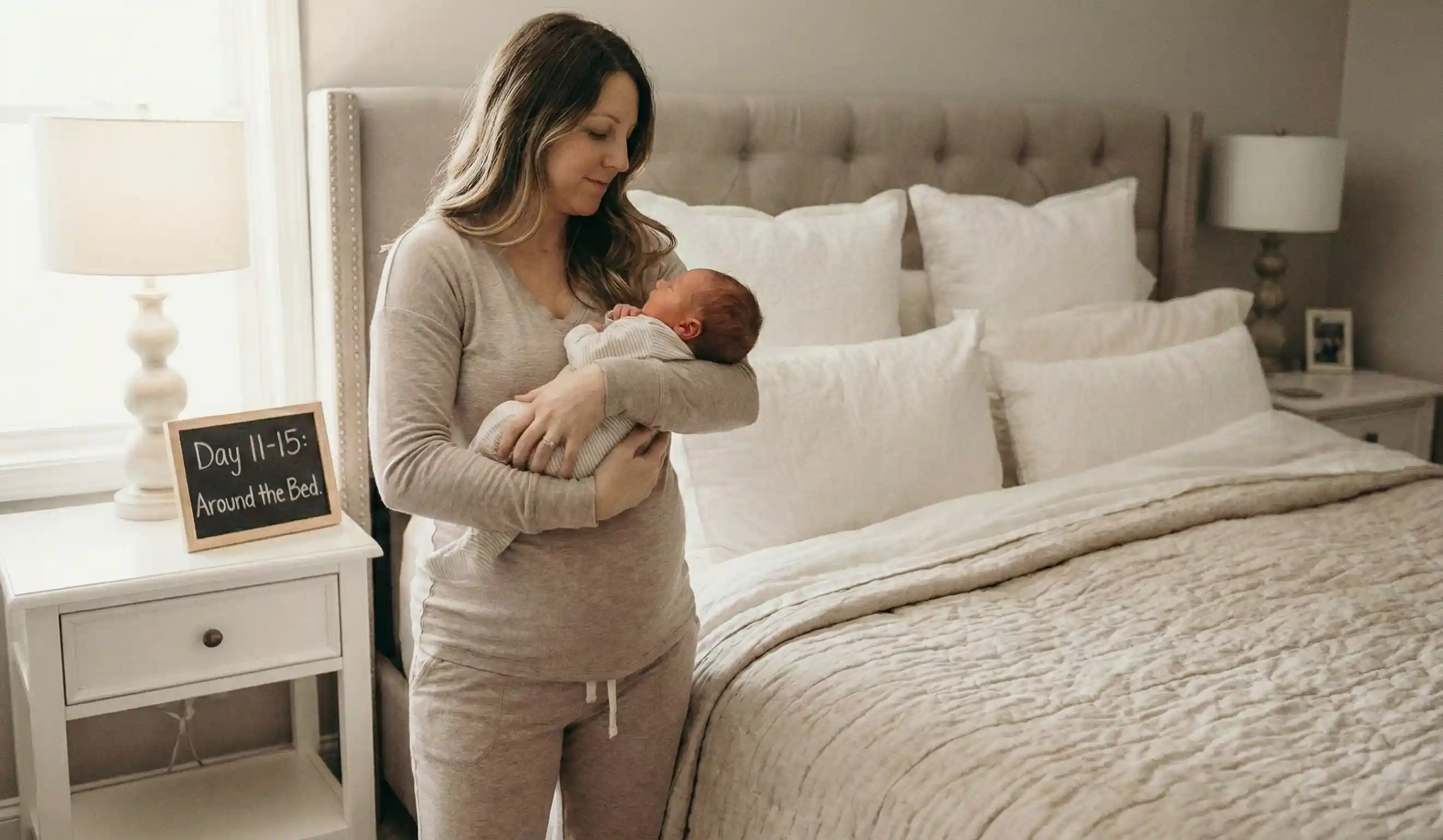 mother standing near bed holding baby postpartum recovery day eleven to fifteen