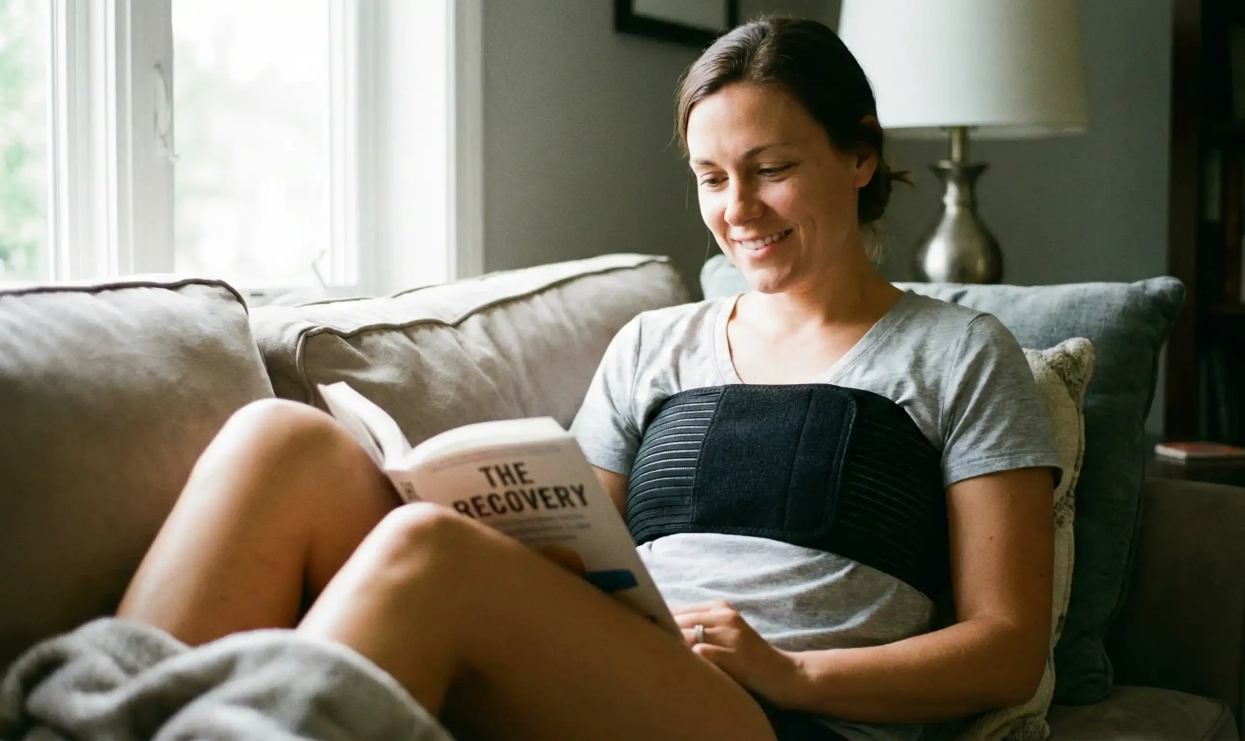 patient relaxing home wearing breast stabilizer band
