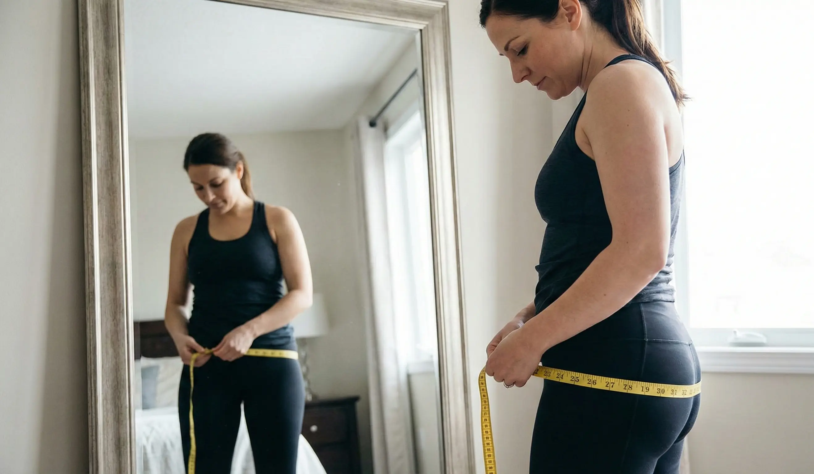 woman measuring hips mirror athletic wear