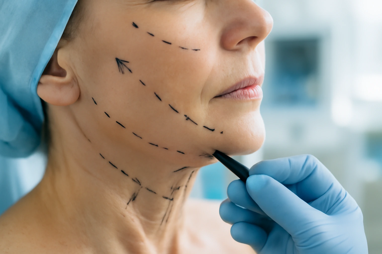 patients lower face being preppred for a facelift procedure