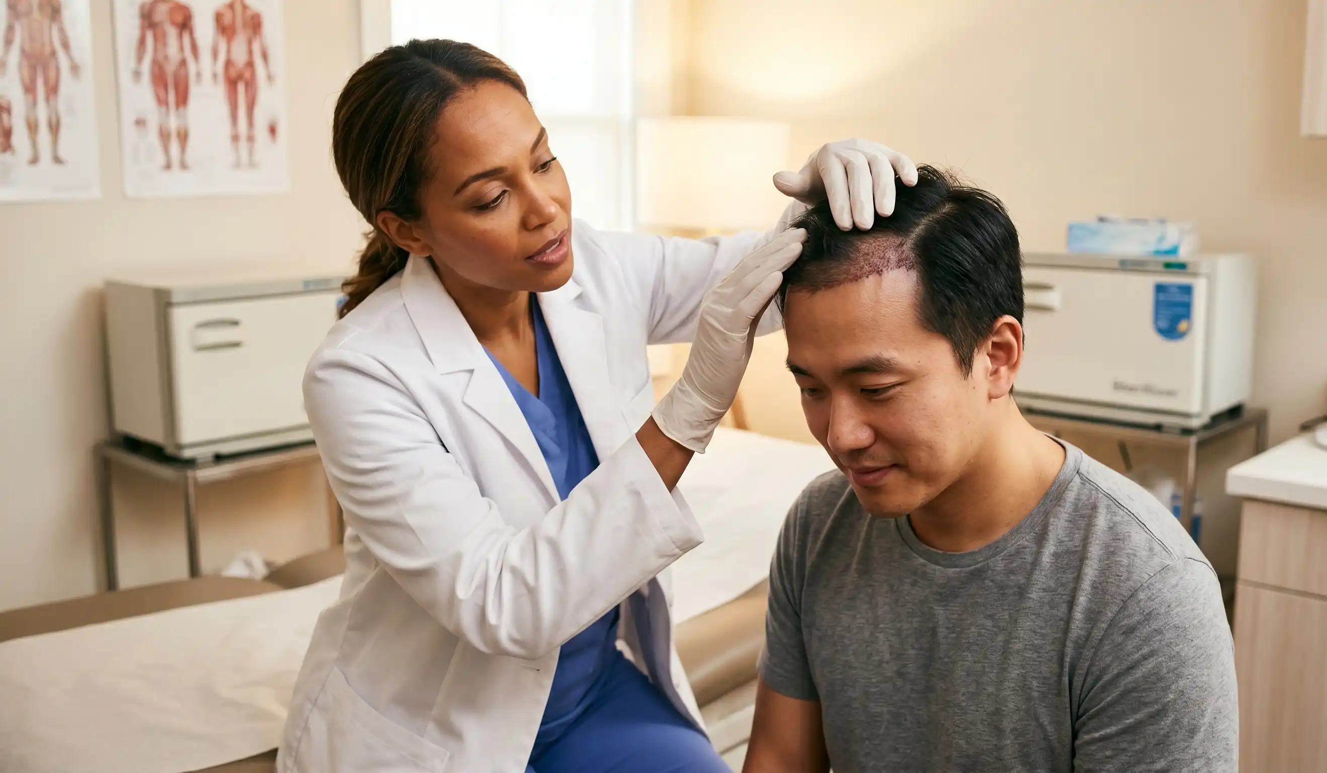 doctor examining patients scalp after hair transplant