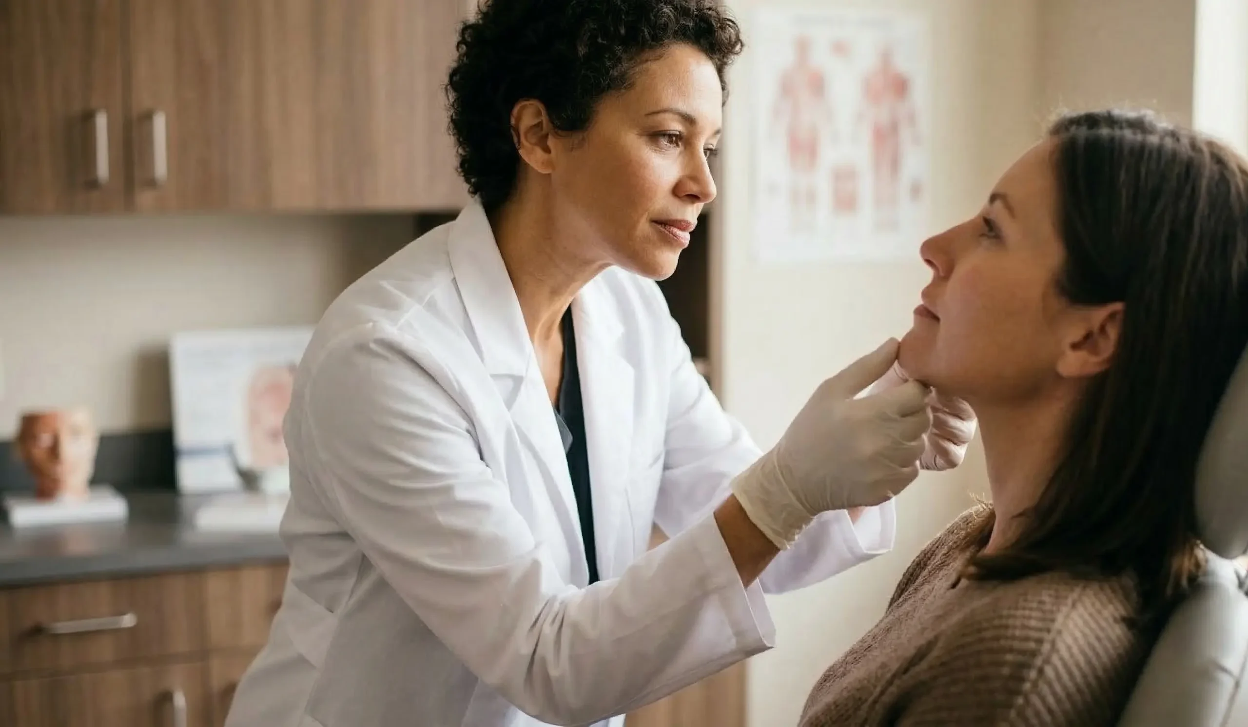 doctor palpating chin implant examination