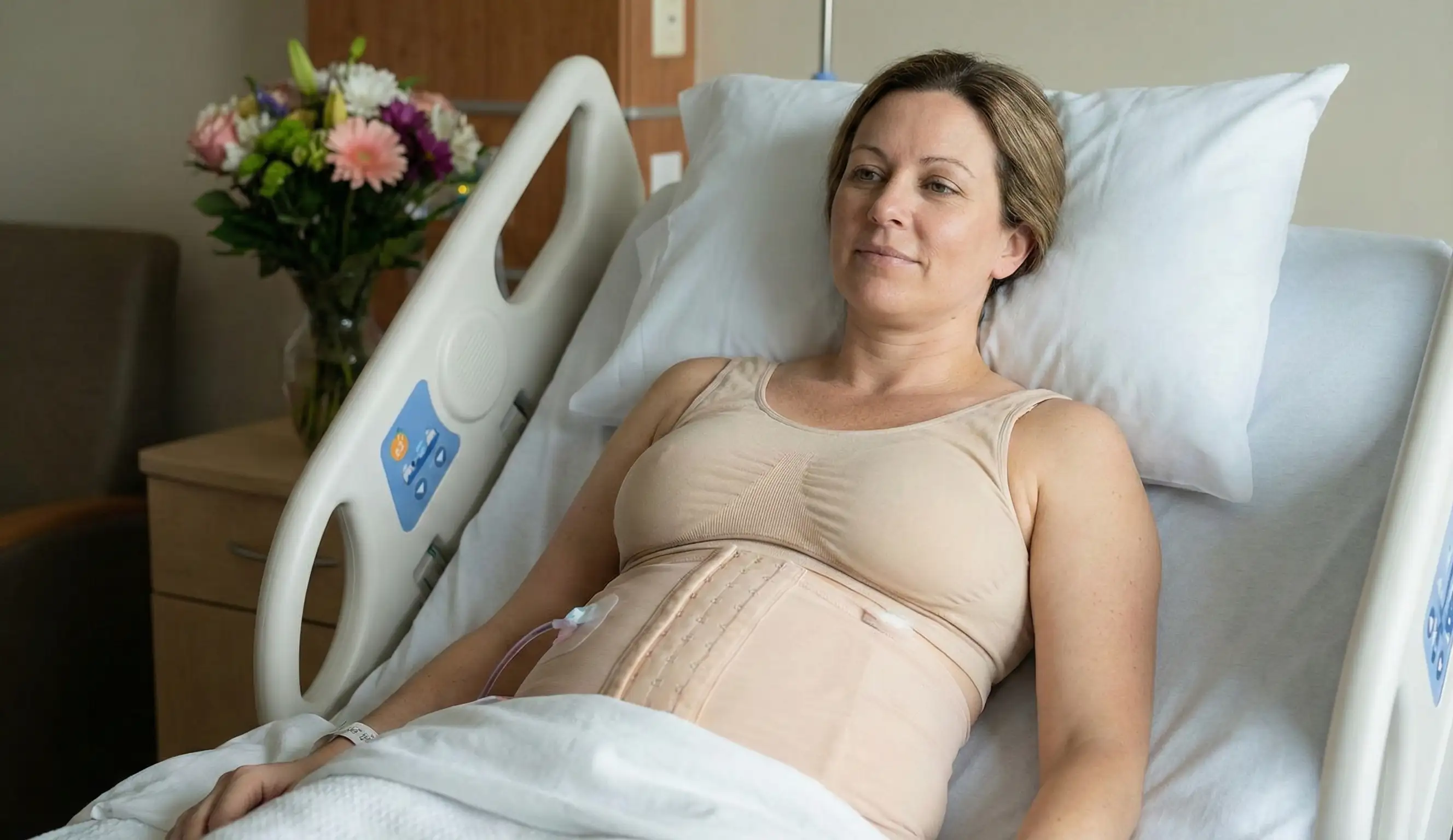 patient in hospital bed with compression garment after tummy tuck